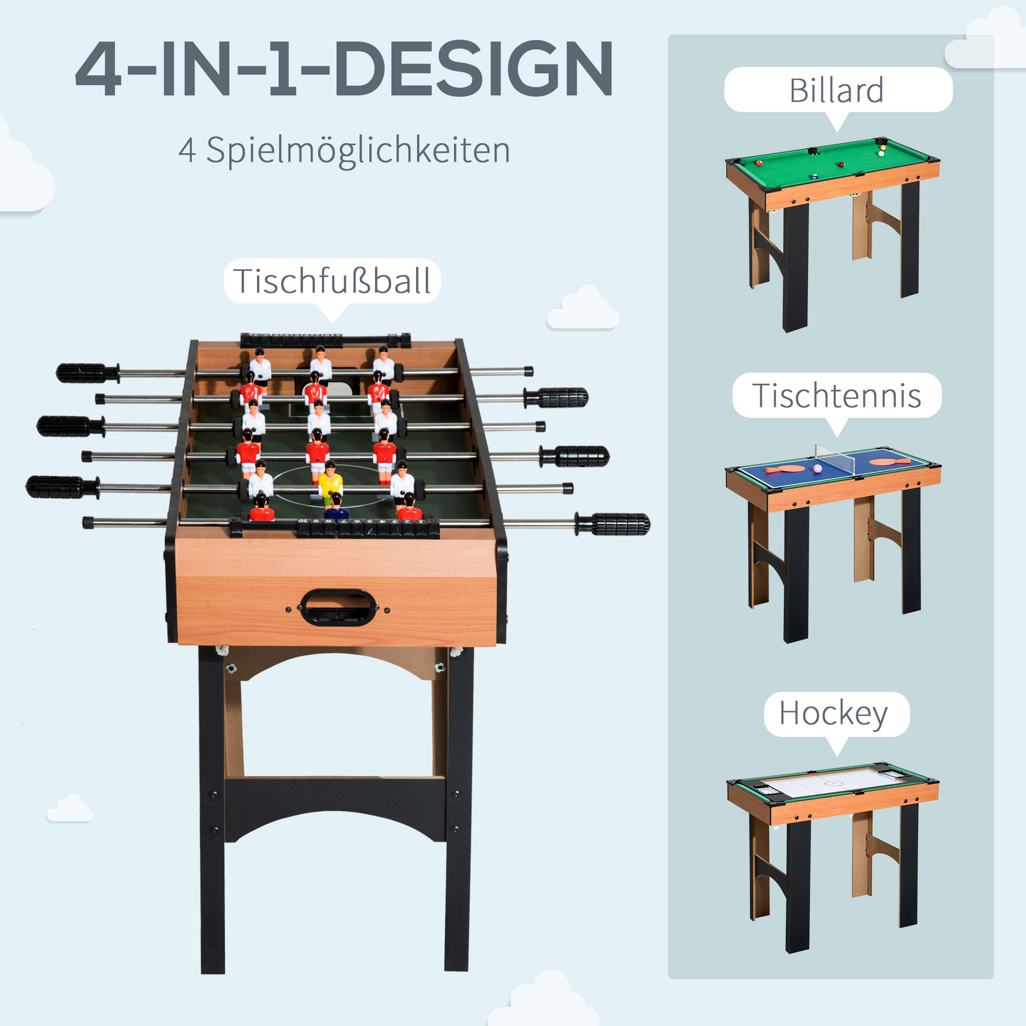 2-in-1 Tischkicker, Multispieltisch 4 in 1, kompakt, inkl. Spielaccessoires, 92 x 78 x 80 cm