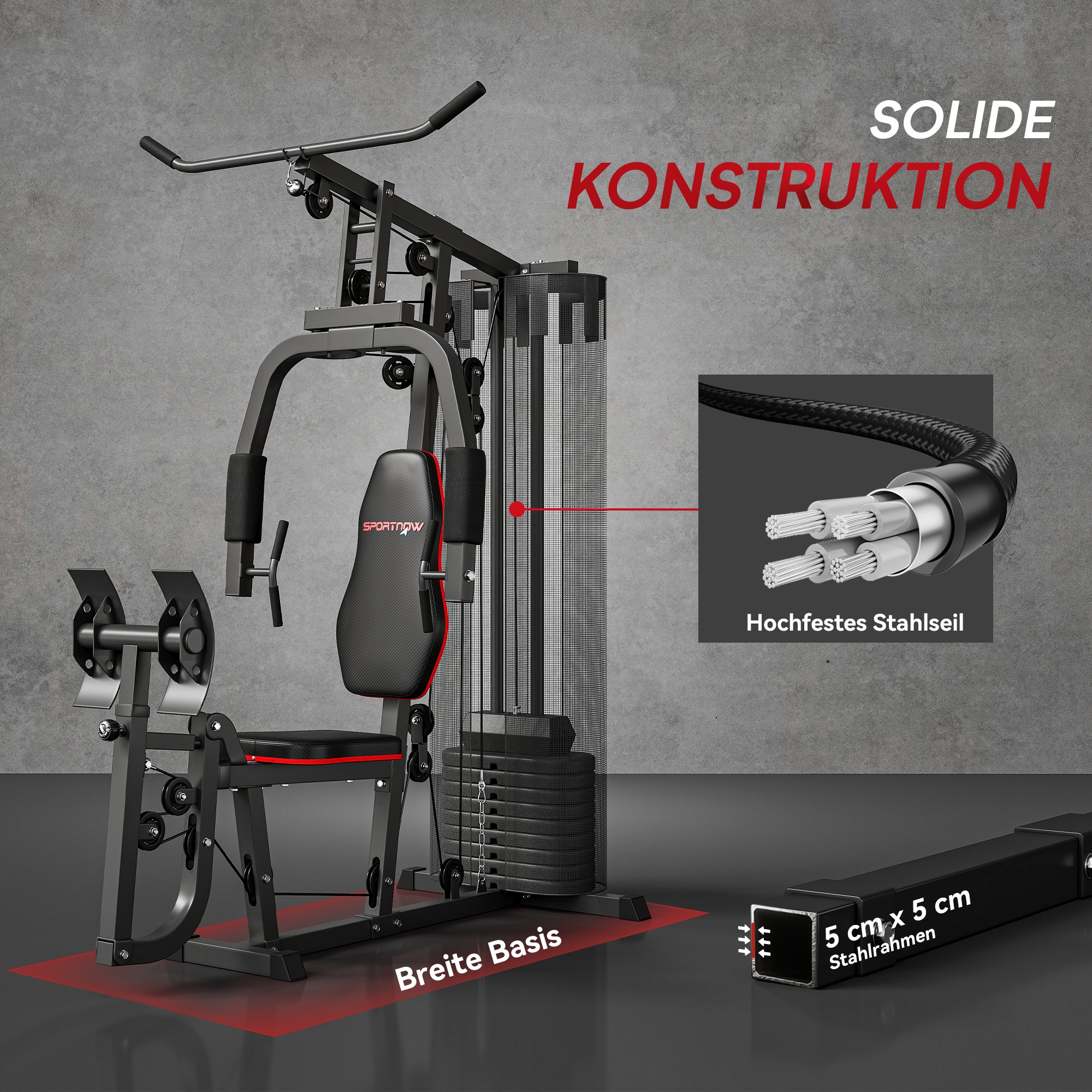 Heim-Fitnessstation mit 45 kg Gewichtsblöcken, Hochseilzug, Bruststation, Beinpresse für vielseitiges Training
