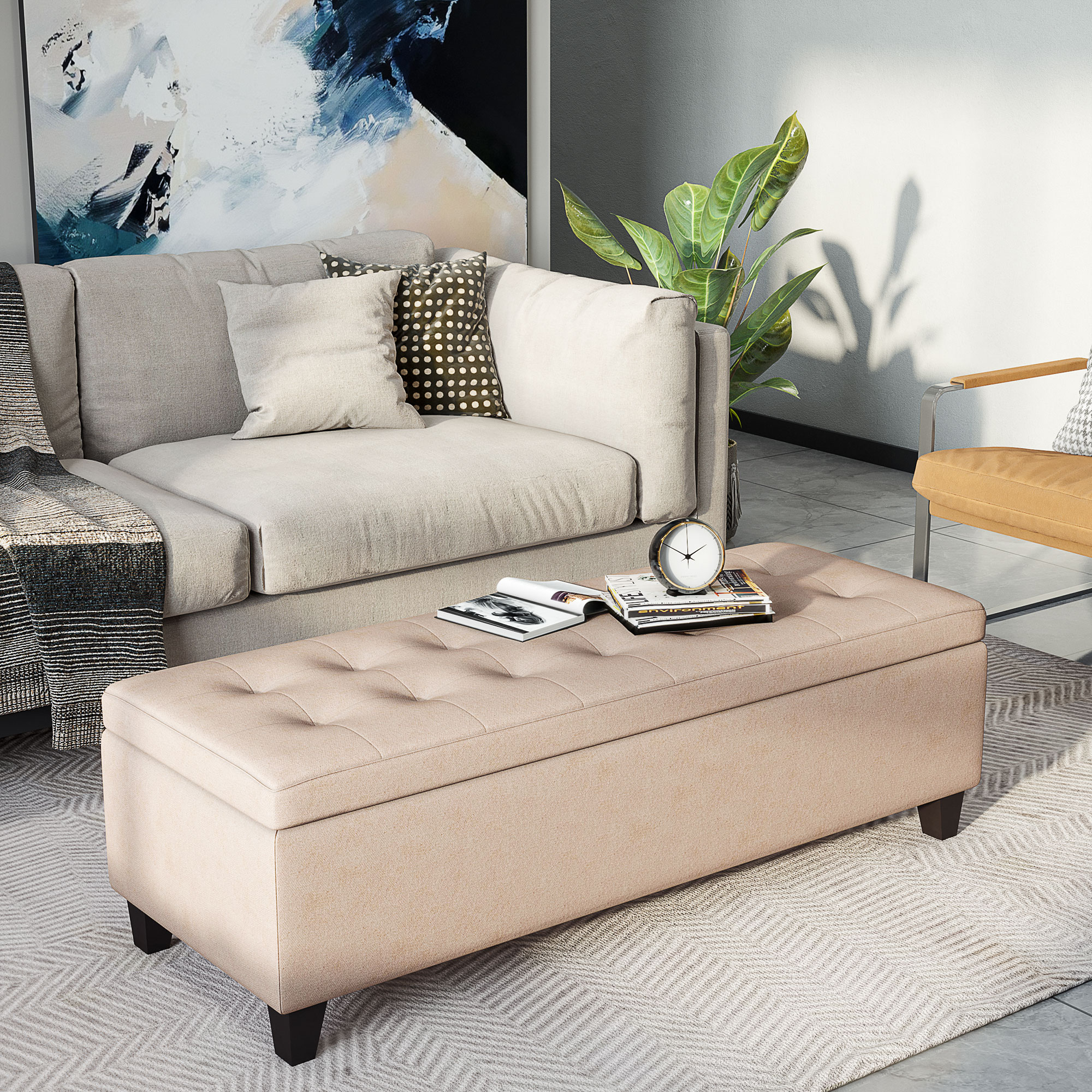 Polsterbank mit Stauraum, Knopfheftung, bis 120 kg, 125 x 49 x 41,5 cm, Beige