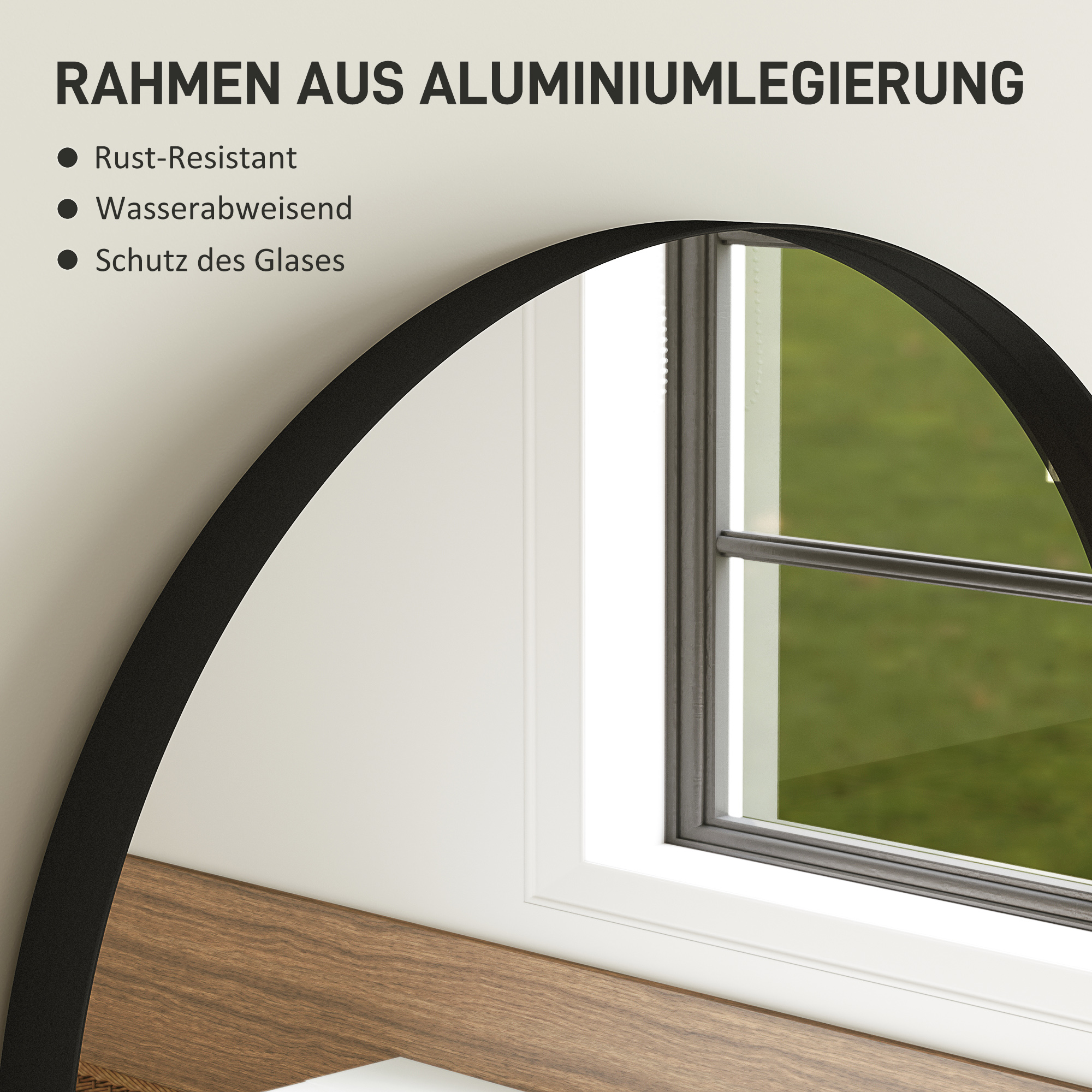 Gebogener Badezimmerspiegel, 50 x 70 cm, Bad-Spiegel mit Aluminium-Rahmen, Deko-Spiegel, Küche, Schwarz