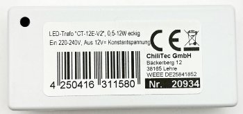 LED-Trafo "CT-12E-V2", 0,5-12W eckig / Ein 220-240V, Aus 12V= Konstantspannung