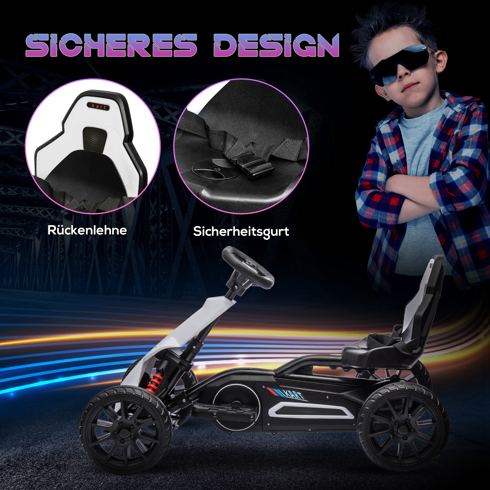 Go-Kart für Kinder, Elektro-Kart, bis 5 km/h, Sicherheitsgurt, Sitz mit Rückenlehne, Kunststoff, Metall, Weiß