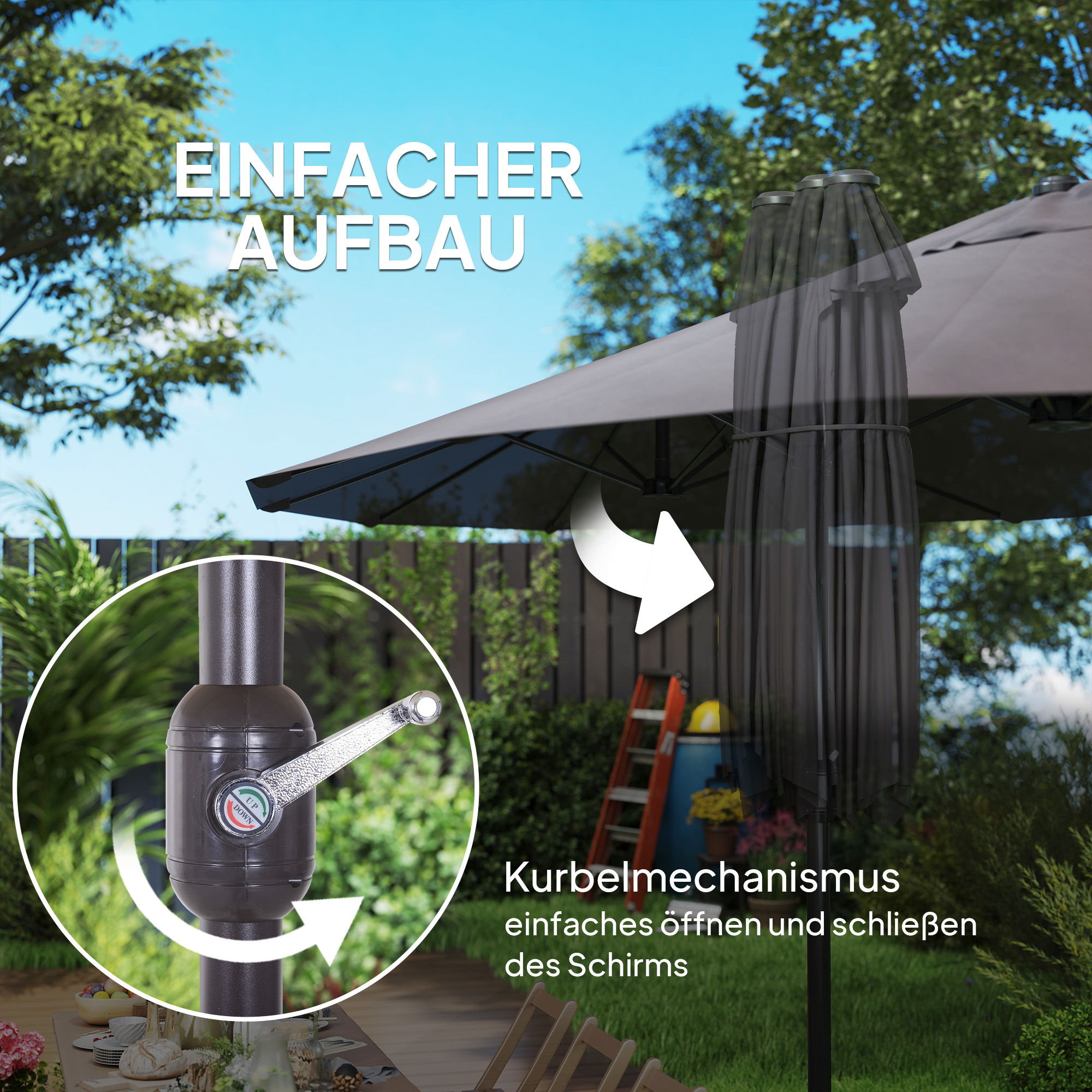 Doppelsonnenschirm 455 x 265 cm, UV Schutz Sonnenschirm mit Handkurbel, Balkonschirm windfest Kurbelschirm Sonnenschutz für Balkon Garten, Grau