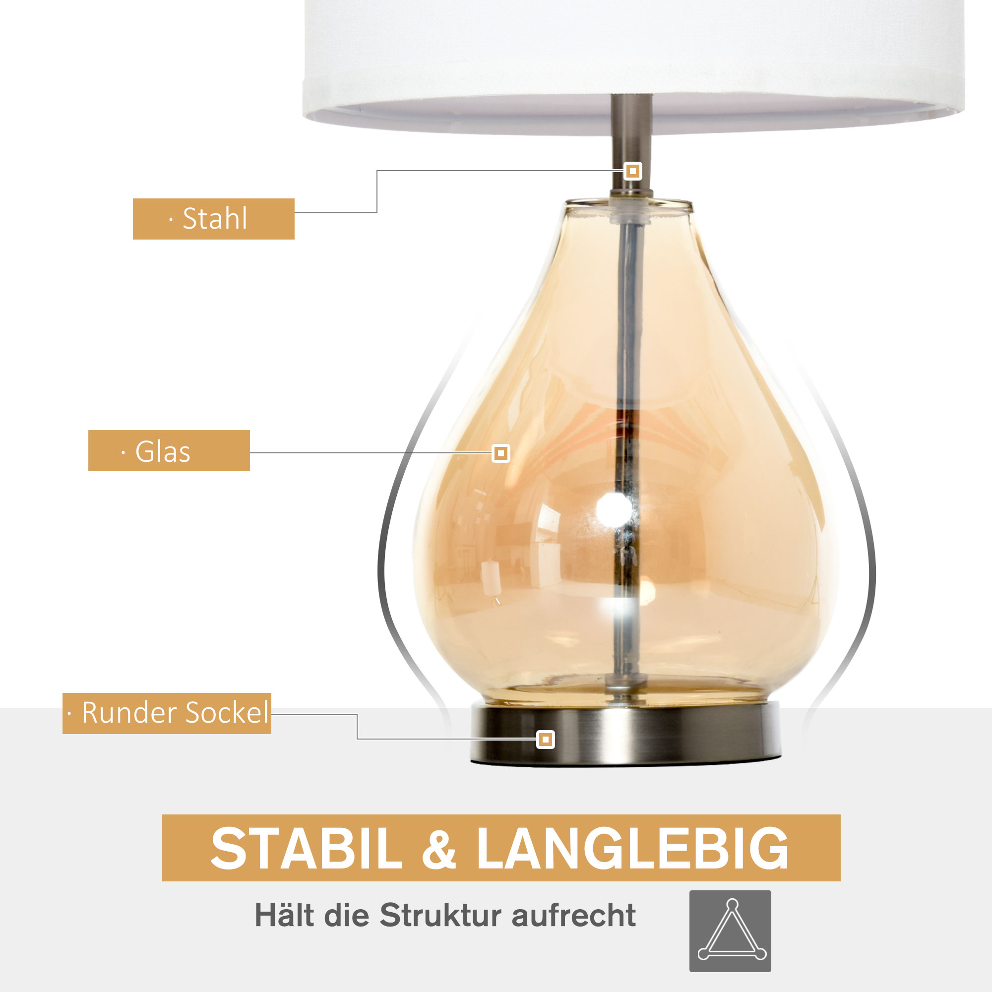 Tischlampe 2er-Set Tischleuchte mit Leinen-Lampenschirm, Glas tropfenförmigen Stangen, Nachttischlampe mit E27-Fassung, für Schlafzimmer, Wohnzimmer, Weiß