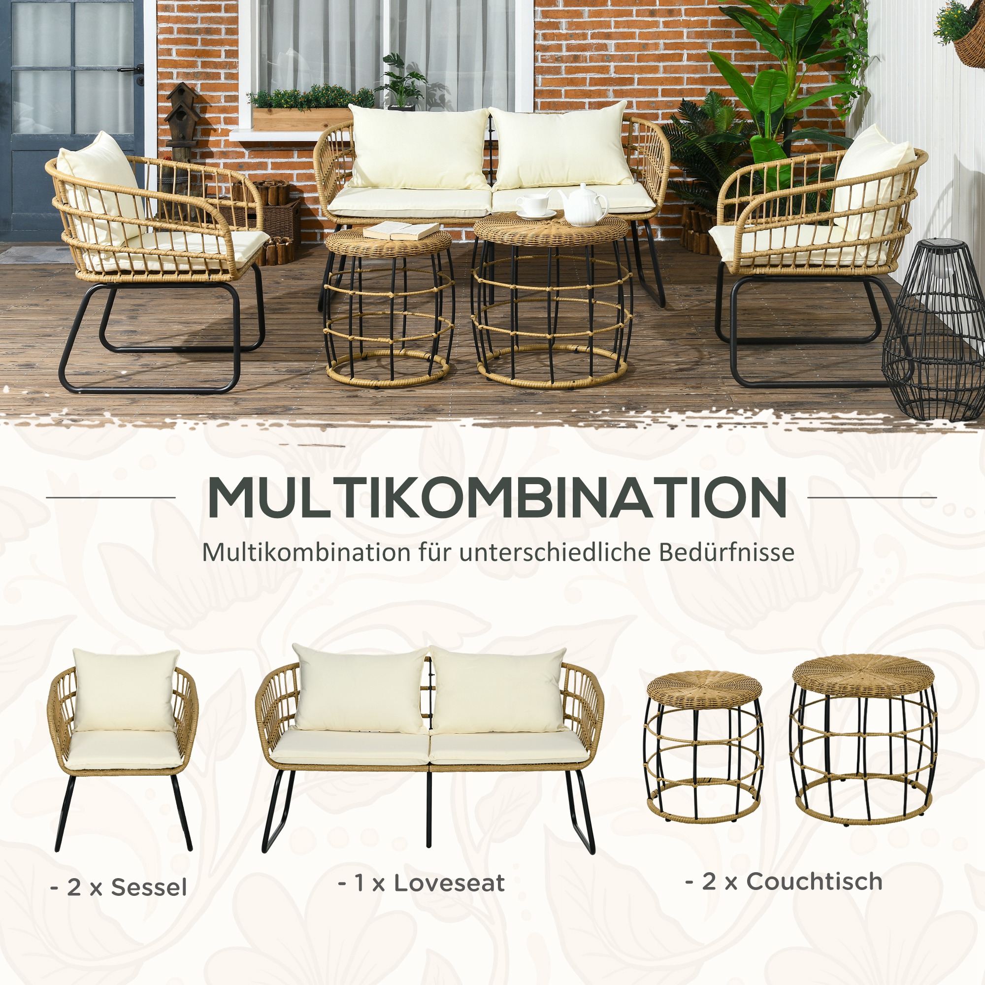 Rattansitzgruppe Lounge-Set Outdoor-Sitzgruppe, Boho-Stil, 5-teilges Set, 145 x 70 x 78 cm, Creme + Natur + Schwarz