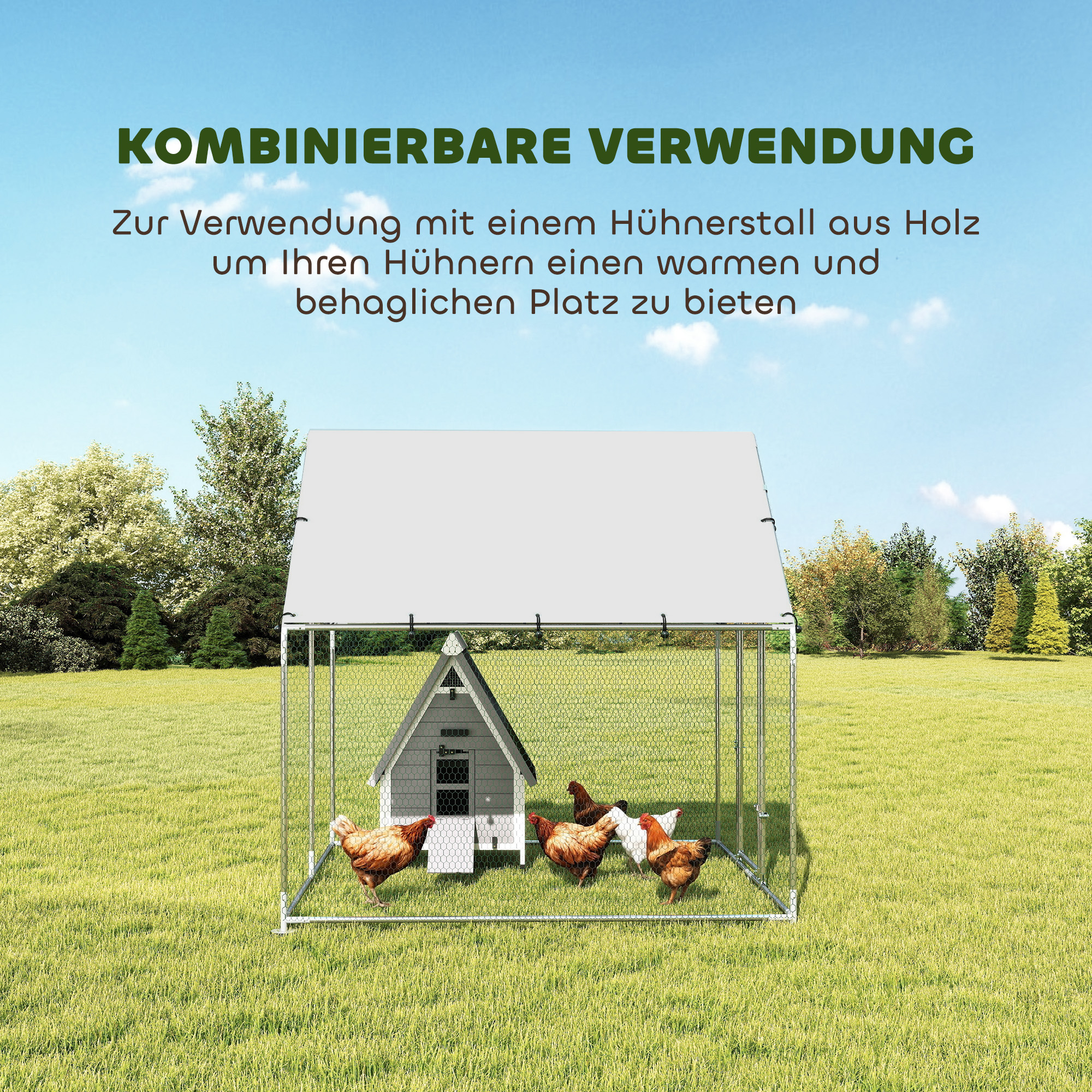 Freilaufgehege Verzinkter Stahl Hühnerstall mit wetterfester UV-Dachabdeckung abschließbarer Tür 2x2x2 m Silber