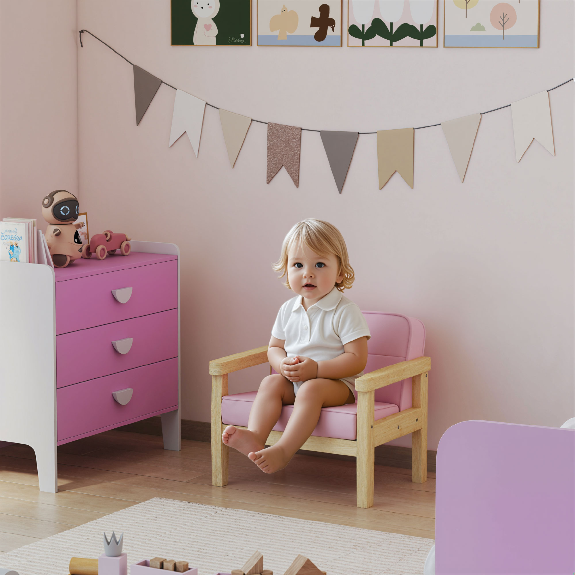 Kindersessel, Kindersofa mit Holzrahmen, Cordoptik, gepolsterter Kinderstuhl für Kinder von 3-8 Jahren, für Kinderzimmer, Spielzimmer, Rosa