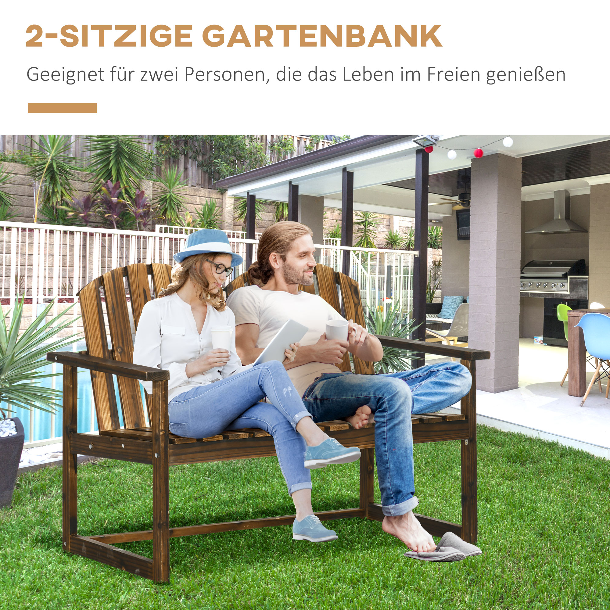 Gartenbank für 2 Personen, rustikales Design, Tannenholz, 114x63x86 cm
