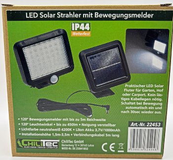 LED Solar Wandleuchte m. Bewegungsmelder / 300lm, 6000K, Akku, externe Solarzelle