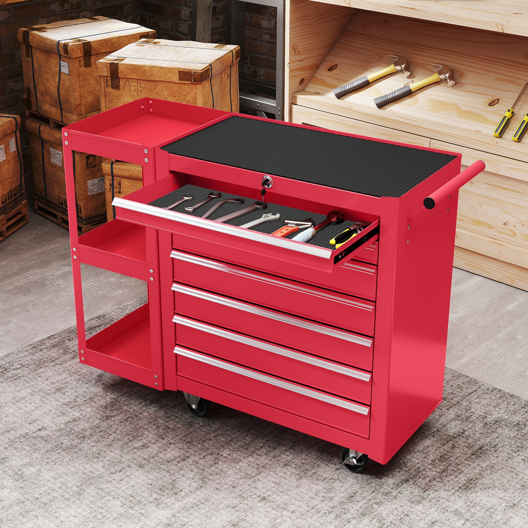 Werkstattwagen Werkzeugwagen mit 7 Schubladen abnehmbar Seitenregal 4 Rollen mit Feststellbremse, 96x33,5x75cm, Rot