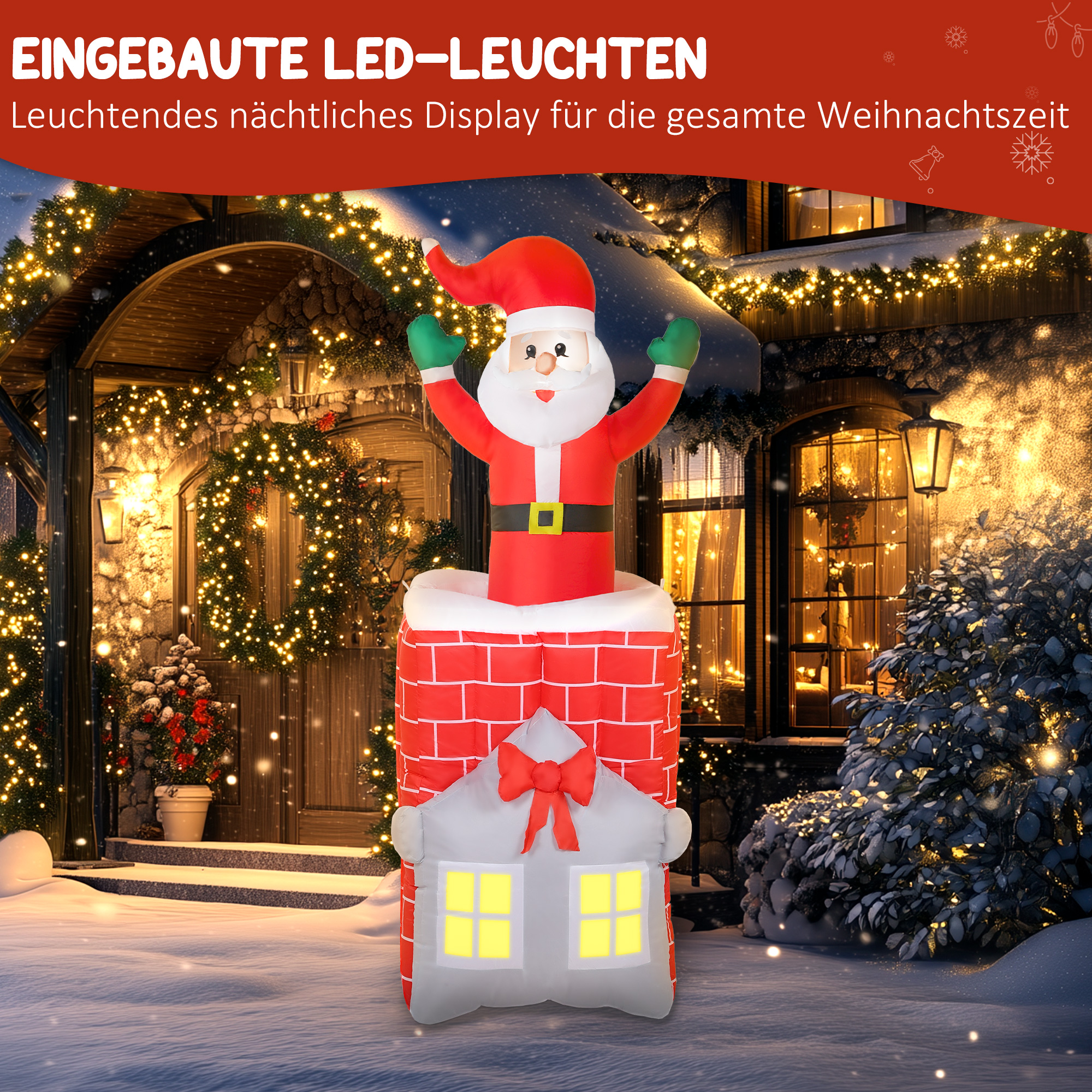 Aufblasbare Weihnachtsdekoration, Weihnachtsmann in Schornstein, LEDs, Gebläse
