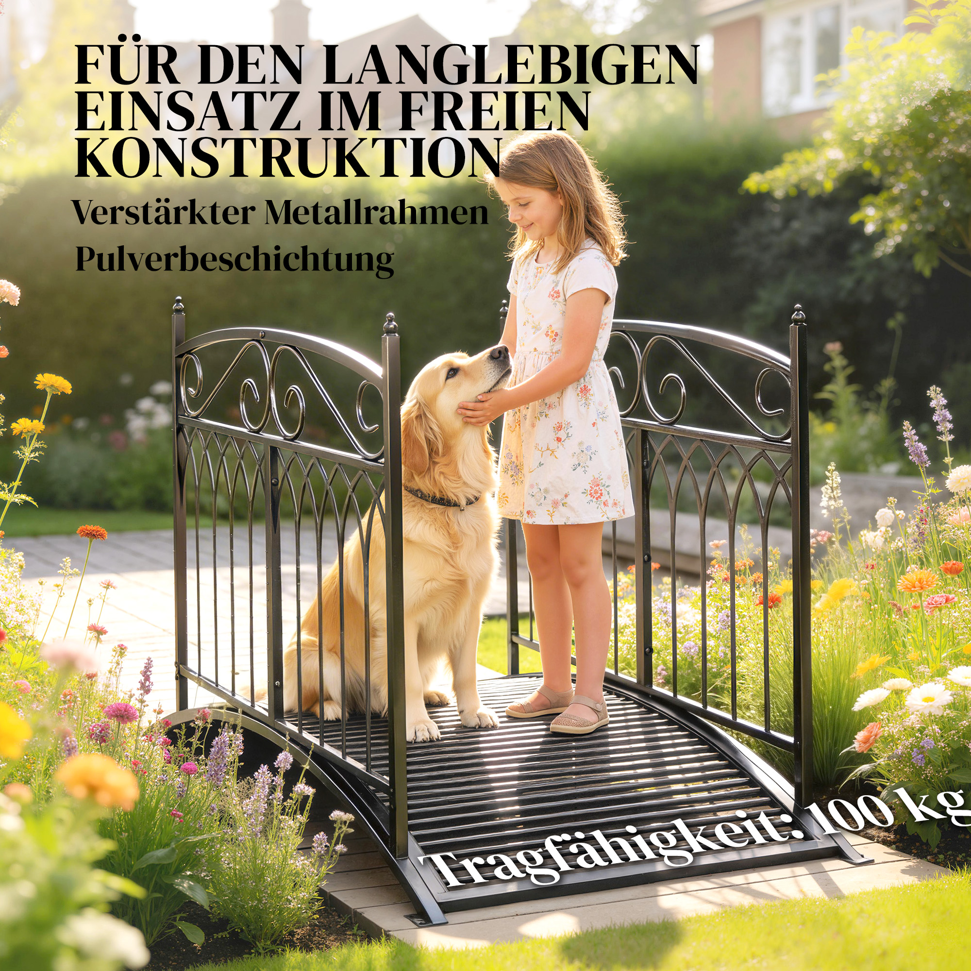 Gartenbrücke aus Metall 135,5 cm Teichbrücke mit Sicherheitsgeländern Antik-Optik Rostbeständig einfache Montage