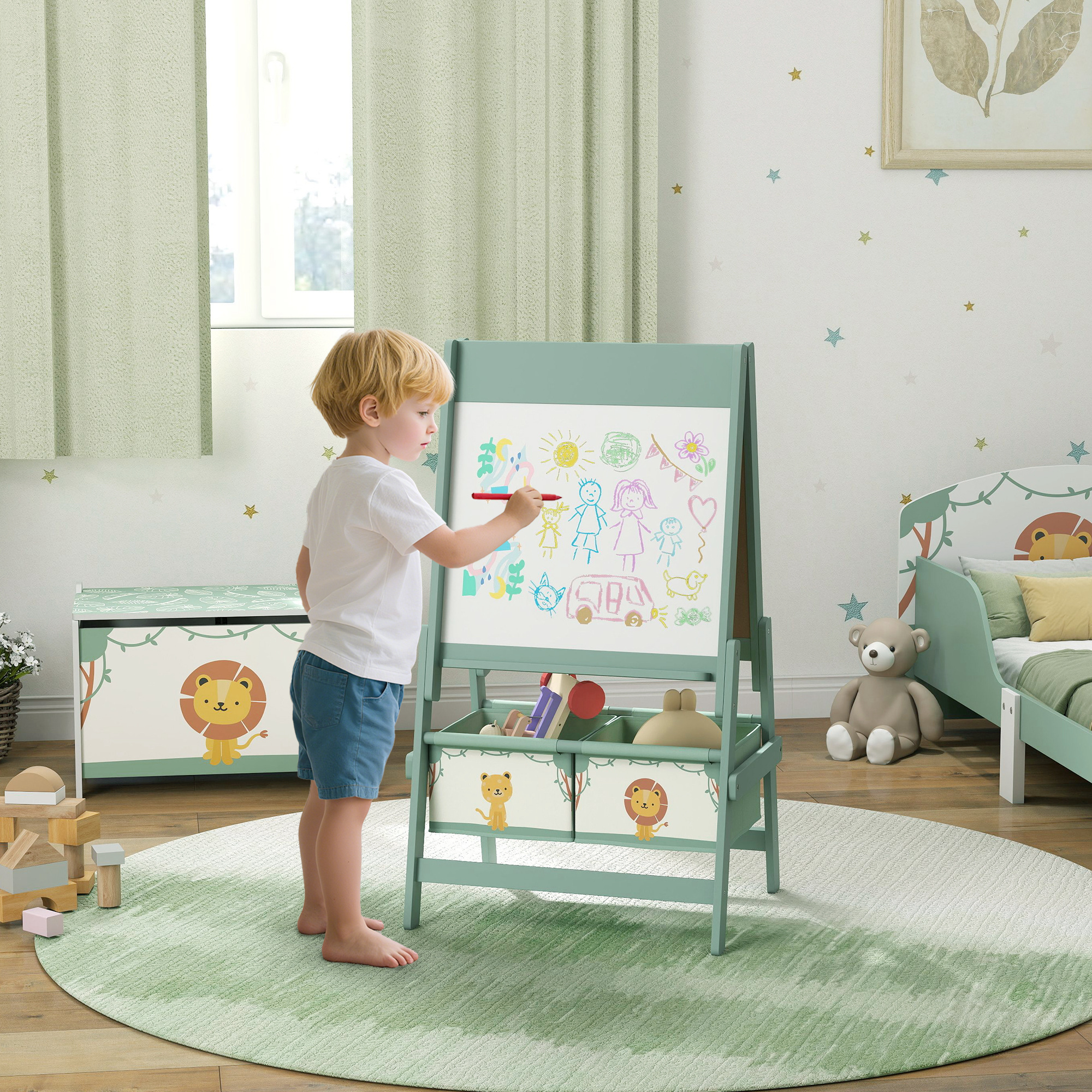 Kinder Staffelei 3 in 1 Kindertafel mit Kreidetafel, Whiteboard, Papierrolle, 2 Aufbewahrungsboxen, für 3-8 Jahre Grün