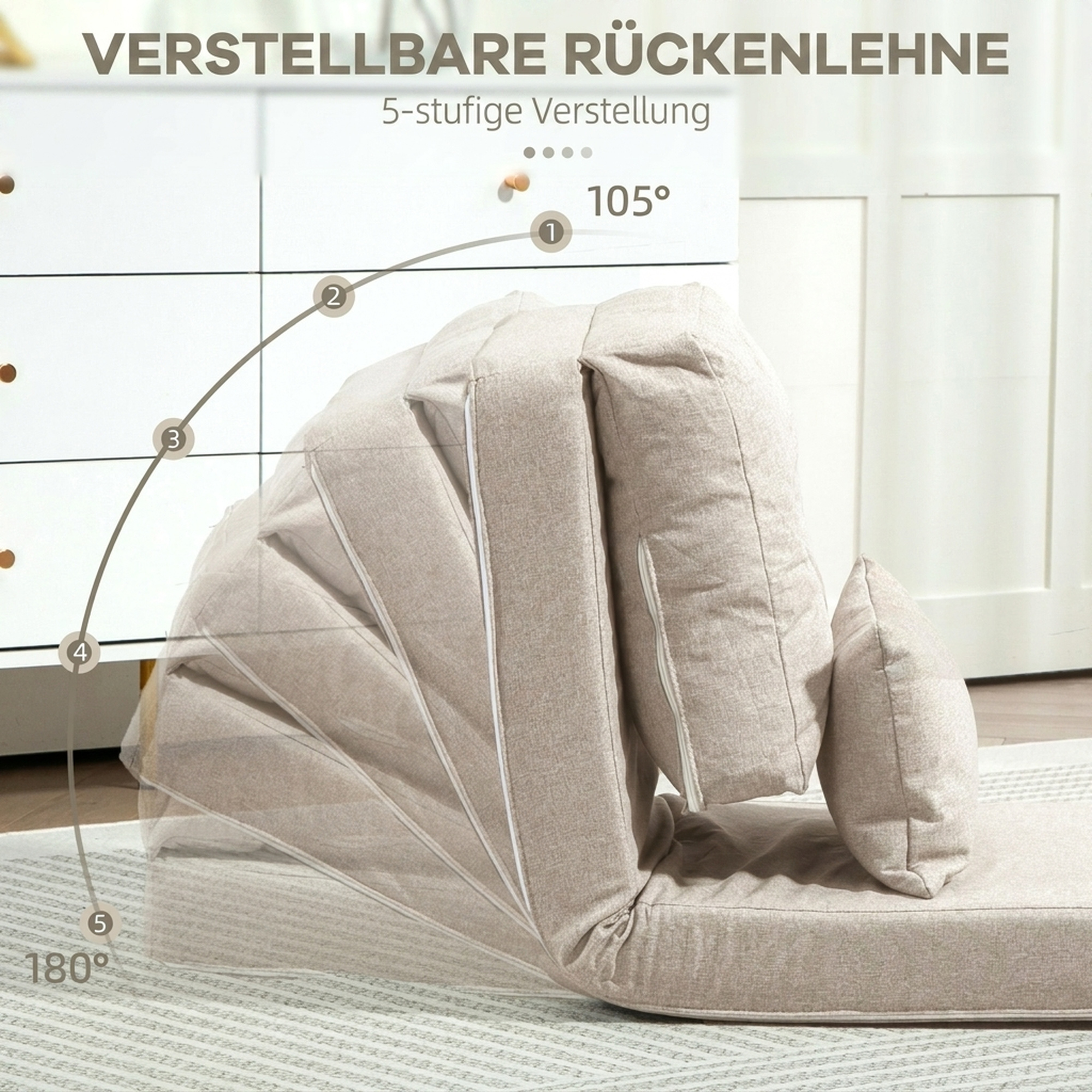 Bodensessel Klappmatratze Schlafmatte, 2-in-1-Design, abnehmbares Kissen, 60 x 80 x 56 cm, Beige