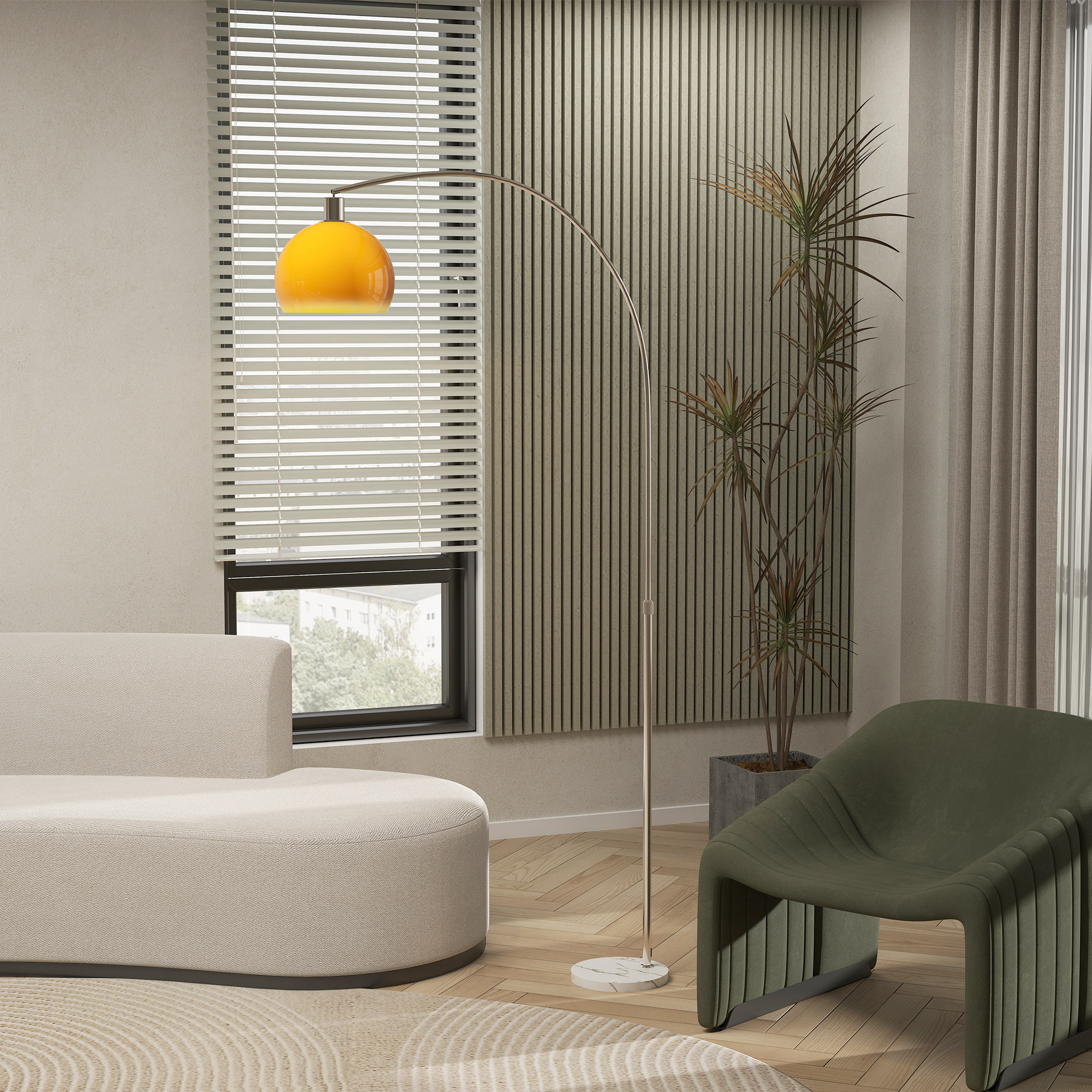 Bogenstandlampe mit Fußschalter, aus Marmor, Metall und Kunststoff, 26x90x180 cm, Weiß und Orange