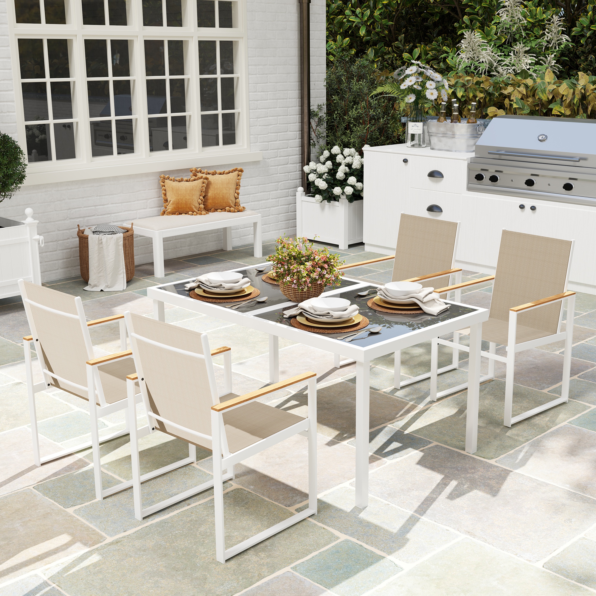 5-teiliges Ess-Set, Outdoor-Tisch aus Hartglas, 4 Stühle, wetterbeständig, Stahlrahmen, Terrassenmöbel, Mehrfarbig