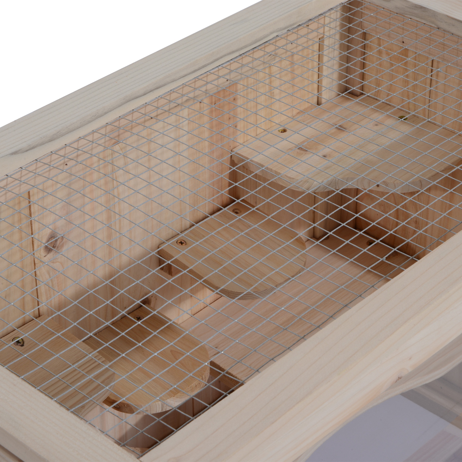Hamsterkäfig aus Holz 2 Etagen 60 x 35 x 42 cm Nagerkäfig Kleintierkäfig mit aufklappbarem Gitterdach Trinkflasche Rampe Wippe Fütterungsstation Mäusekäfig für Zwerghamster Naturholz