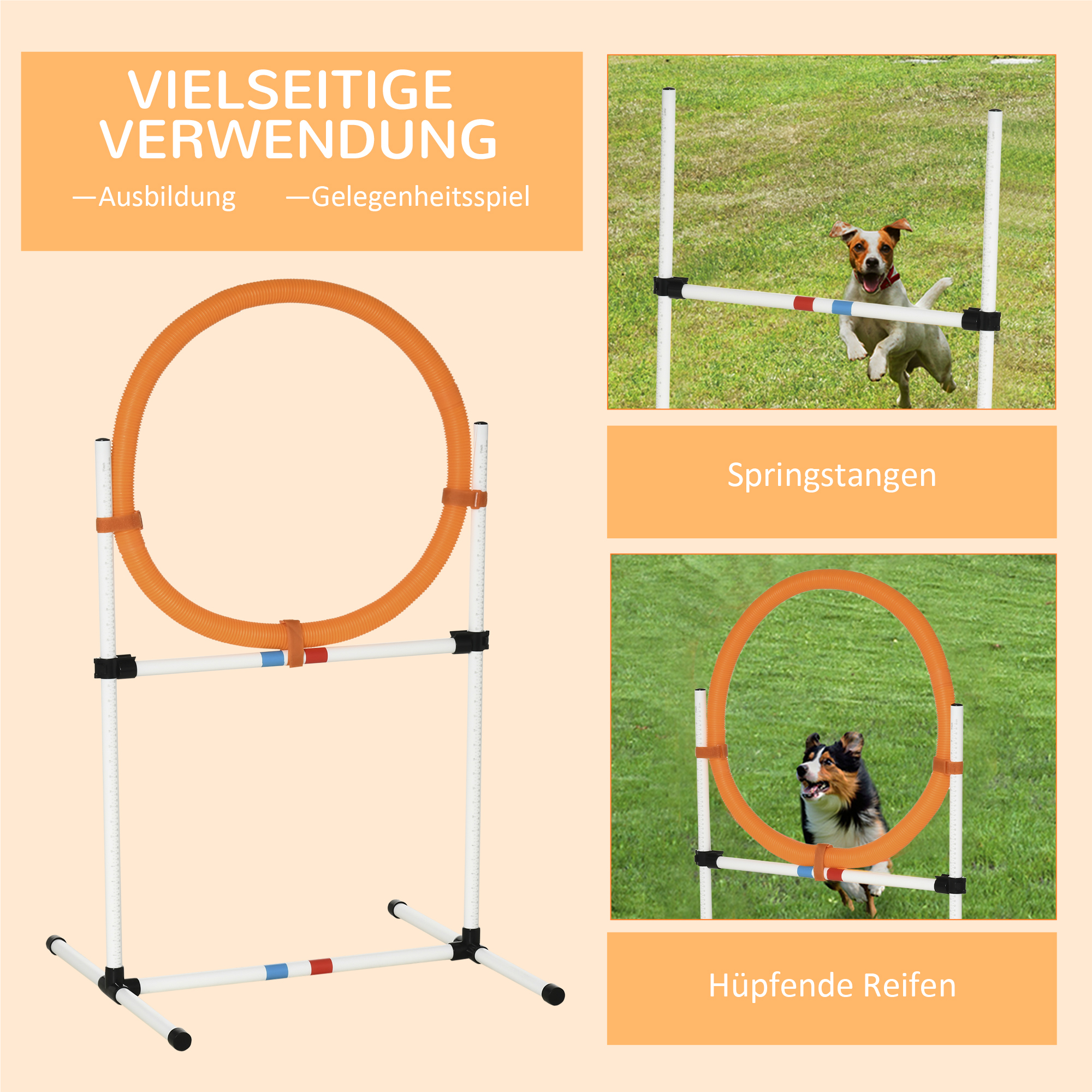 Agility Sprungring für Hunde, Agility Set Hunde, Agility Ring 2 in 1 Sprungringstange mit Tragetasche Kunststoff 74,5 x 66 x 91 cm Weiß+Orange