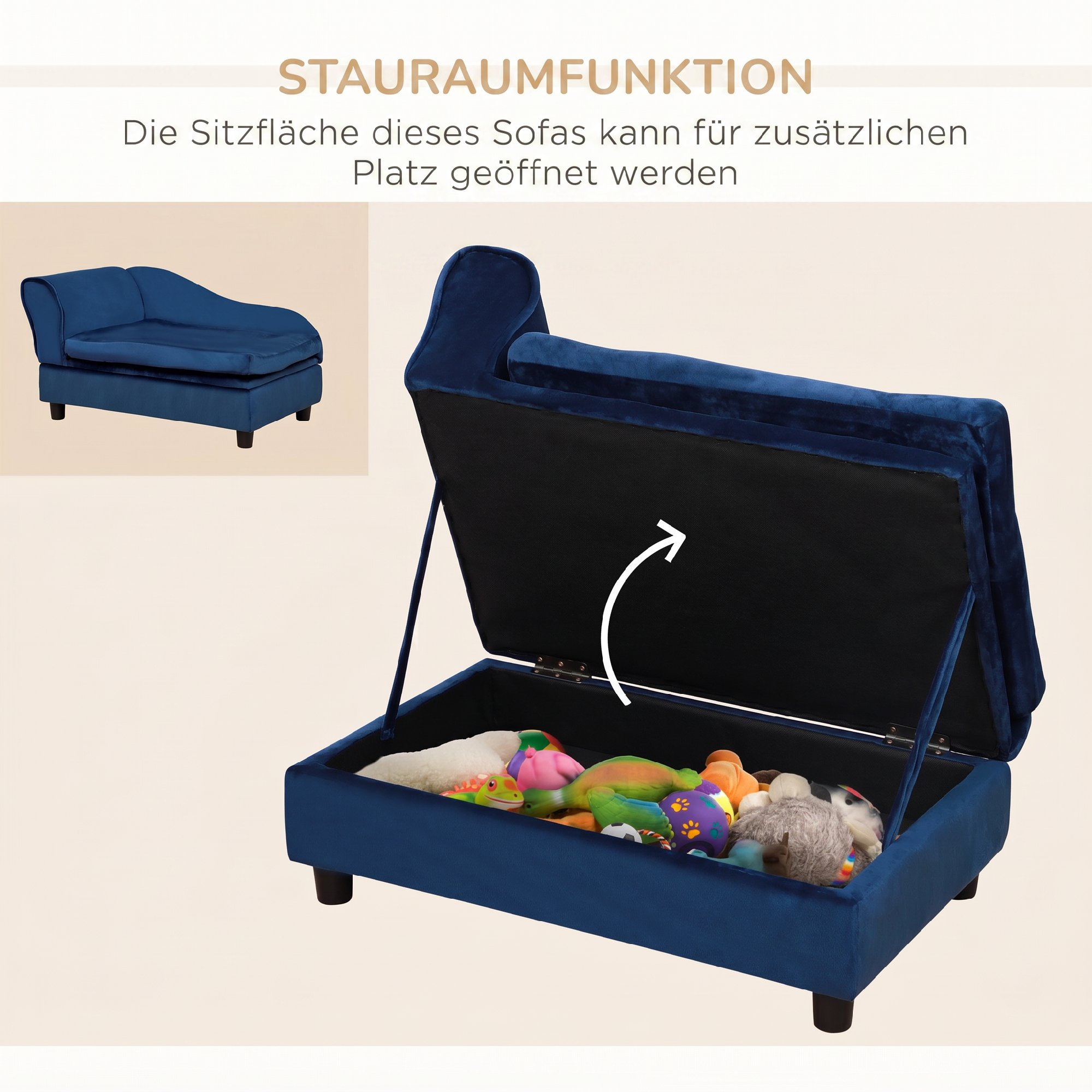 Haustiersofa mit Stauraum, weichem Kissen, bis 15 kg Tragkraft, Plüschbezug, Hartholzrahmen, Blau