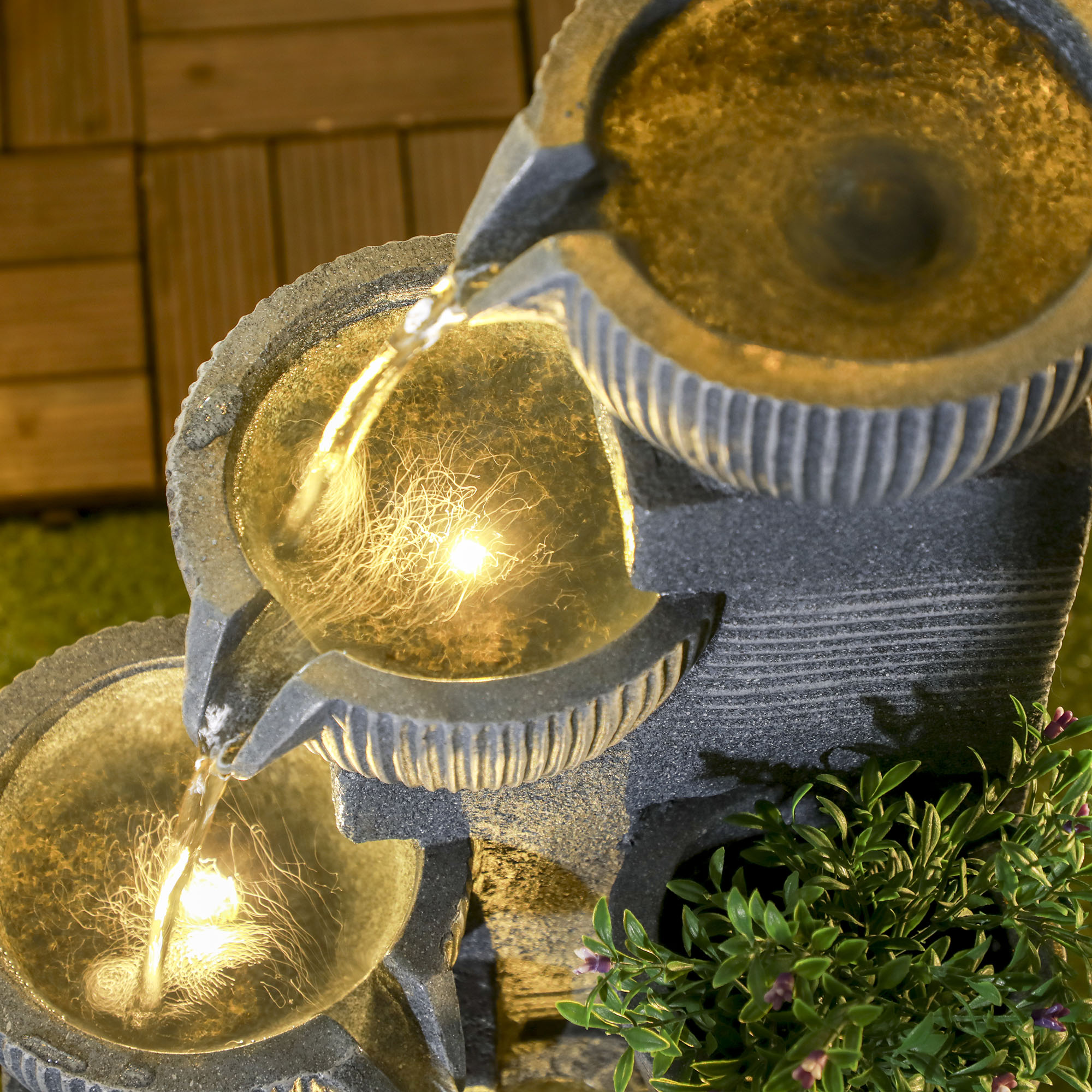 Gartenbrunnen, Naturoptik, 4-stufig, Solarbetrieb, LEDs, 57cm Höhe, Dunkelgrau