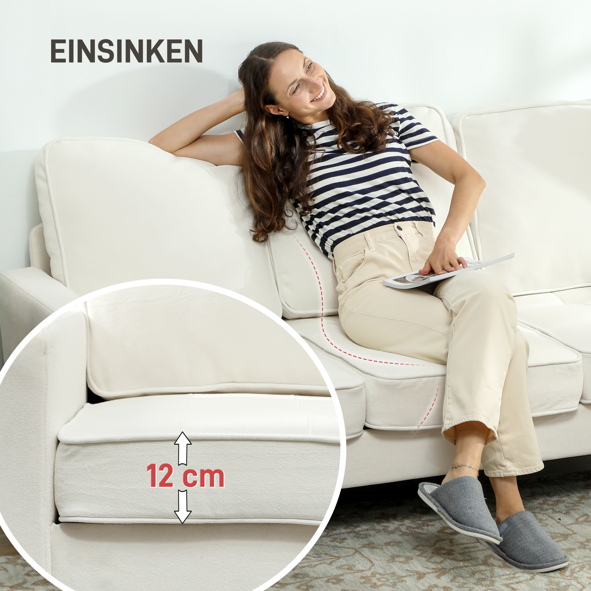 3-Sitzer-Sofa mit dicken Kissen, Kautschukholz, Stoffbezug, Polstersofa für Wohnzimmer, Büro, Schlafzimmer, Cremeweiß