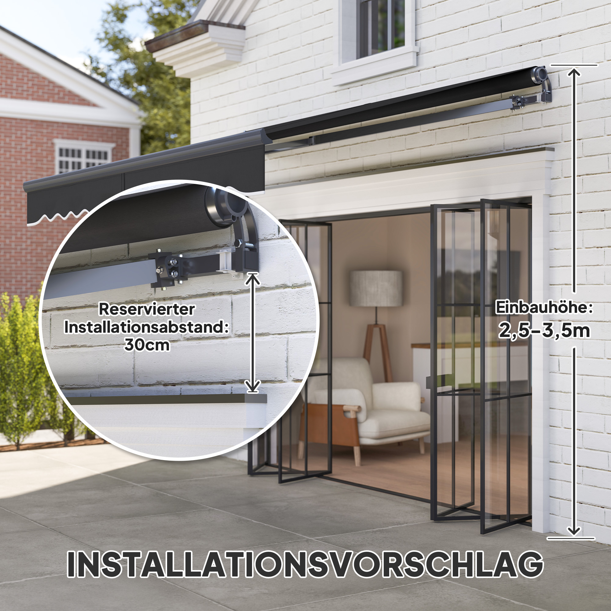 Klemmmarkise mit Handkurbel elektrisch höhenverstellbar Gelenkarmmarkise 300 cm breit Dunkelgrau