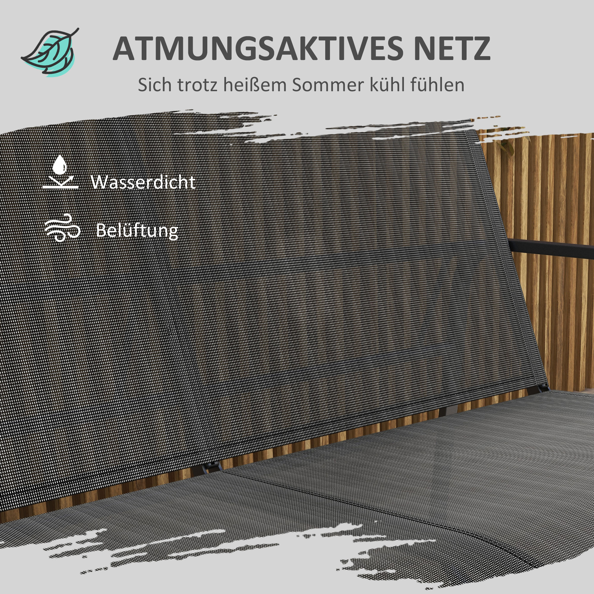 4-teilige Gartengarnitur, 2 Sessel, 2-Sitzer-Sofa, Tisch mit Glasplatte, atmungsaktiver Stoff, Metallrahmen, Schwarz