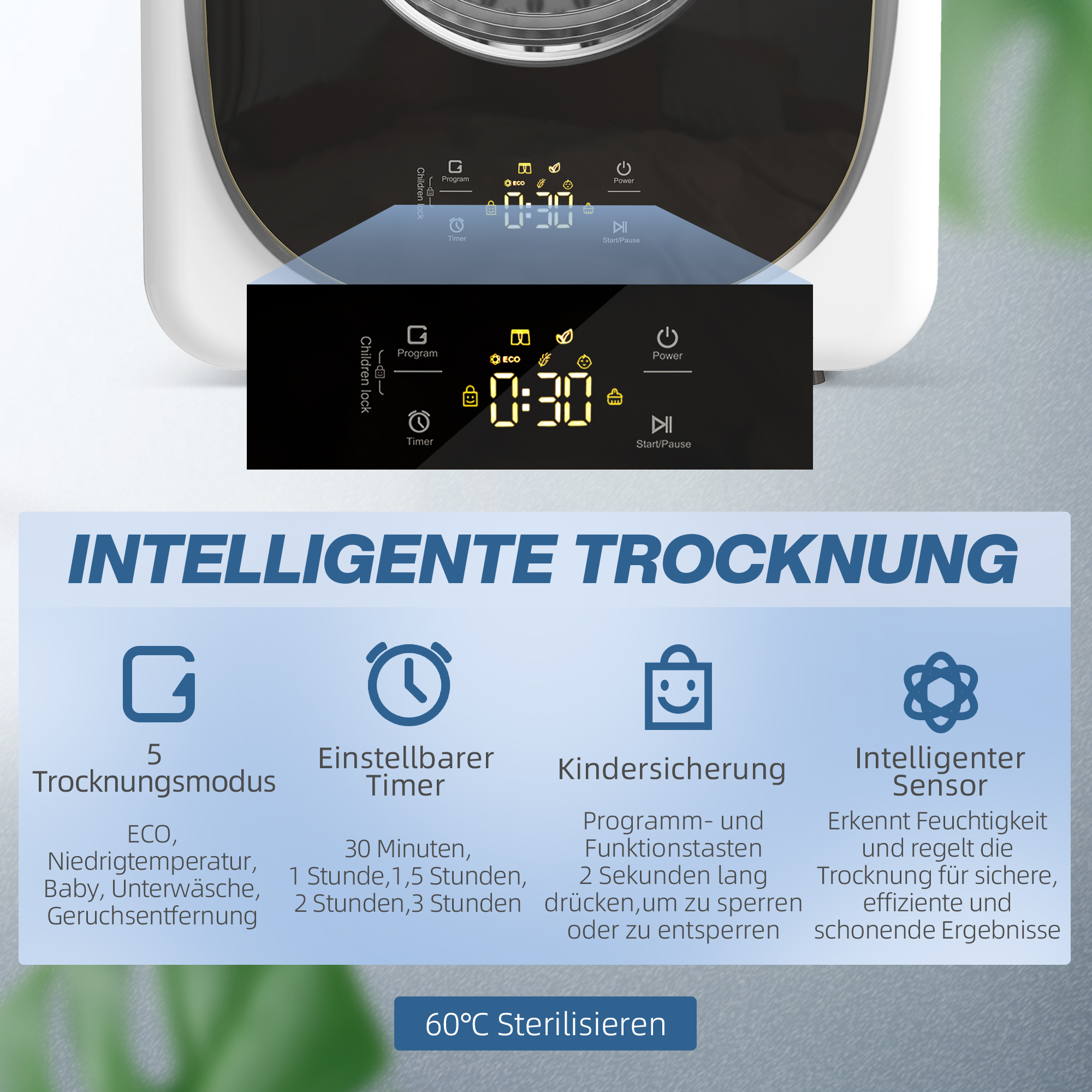 4kg Wäschetrockner, kompaktes Design, 5 Modi, Timer, Weiß+Schwarz