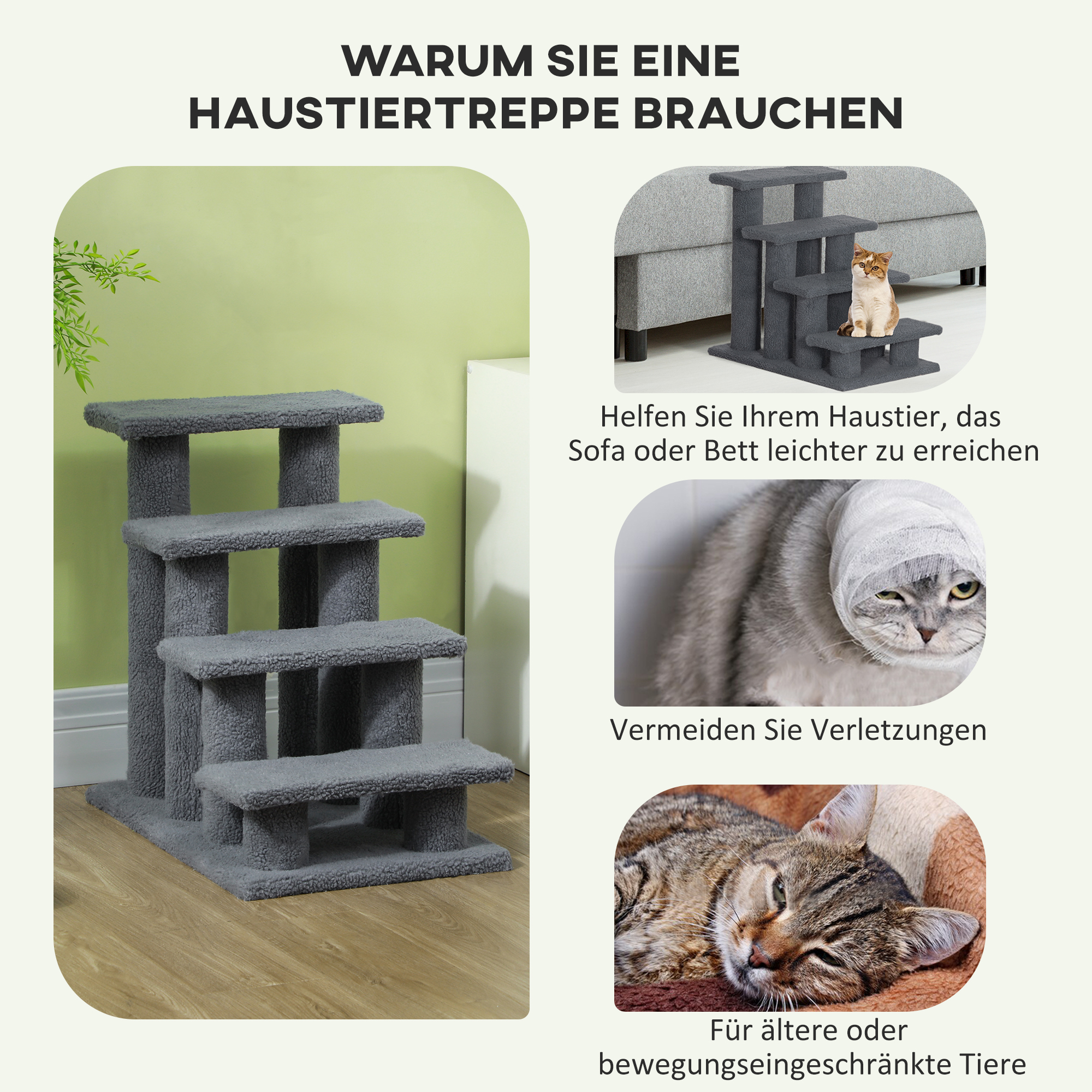 Tiertreppe Katzentreppe Hundetreppe Treppe für Katze und Hunde 4 Stufen Grau 63,5x43x60cm