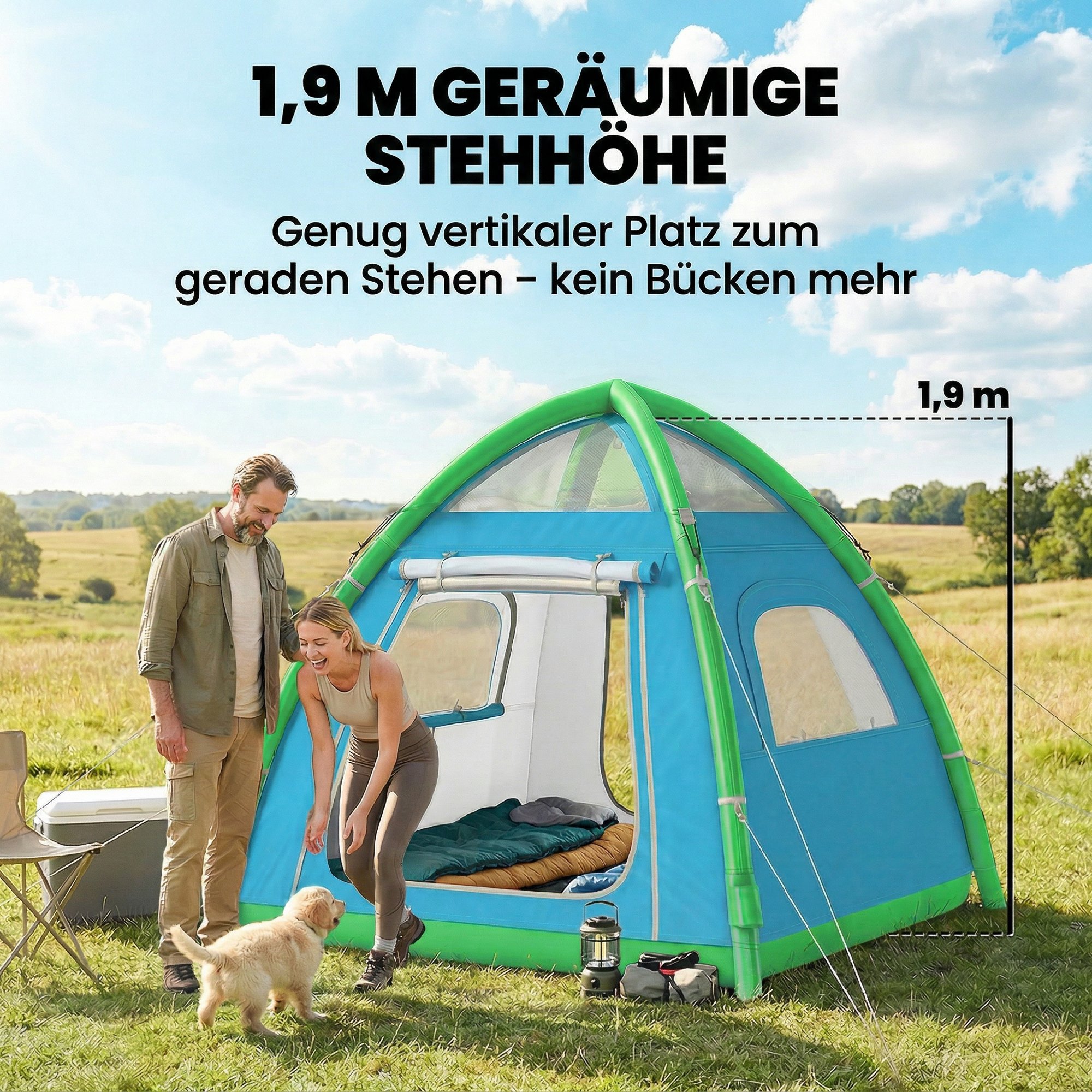 aufblasbares Zelt 3 Personen Schneller Aufbau Outdoor Camping Zelt mit Luftpumpe Meshfenster abnehmbar Dach