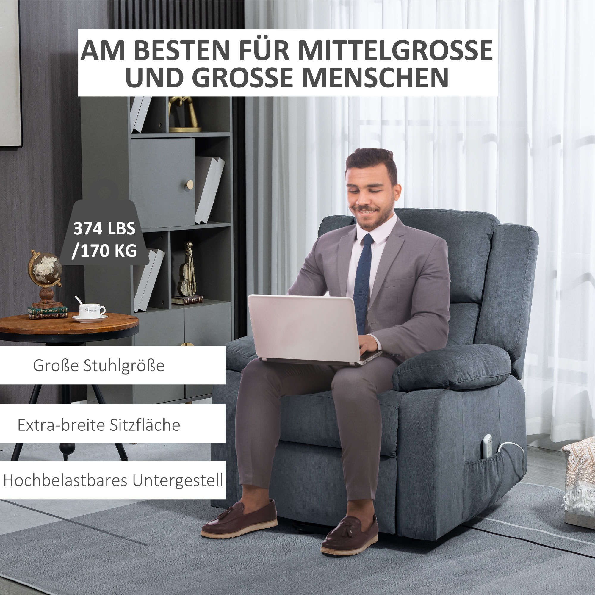 Aufstehsessel, Relaxsessel, mit Liegefunktion, Fernbedienung, Samtoptik, grau, 92 x 93 x 105 cm