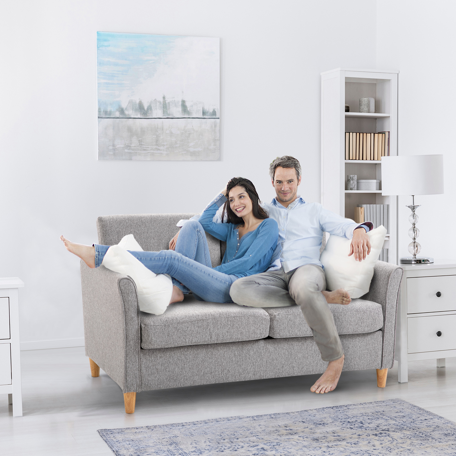 Zweisitzer Sofa | Abnehmbare Kissen | Leinen, Schaumstoff, Kautschukholz | Hellgrau | 141 x 70 x 78 cm