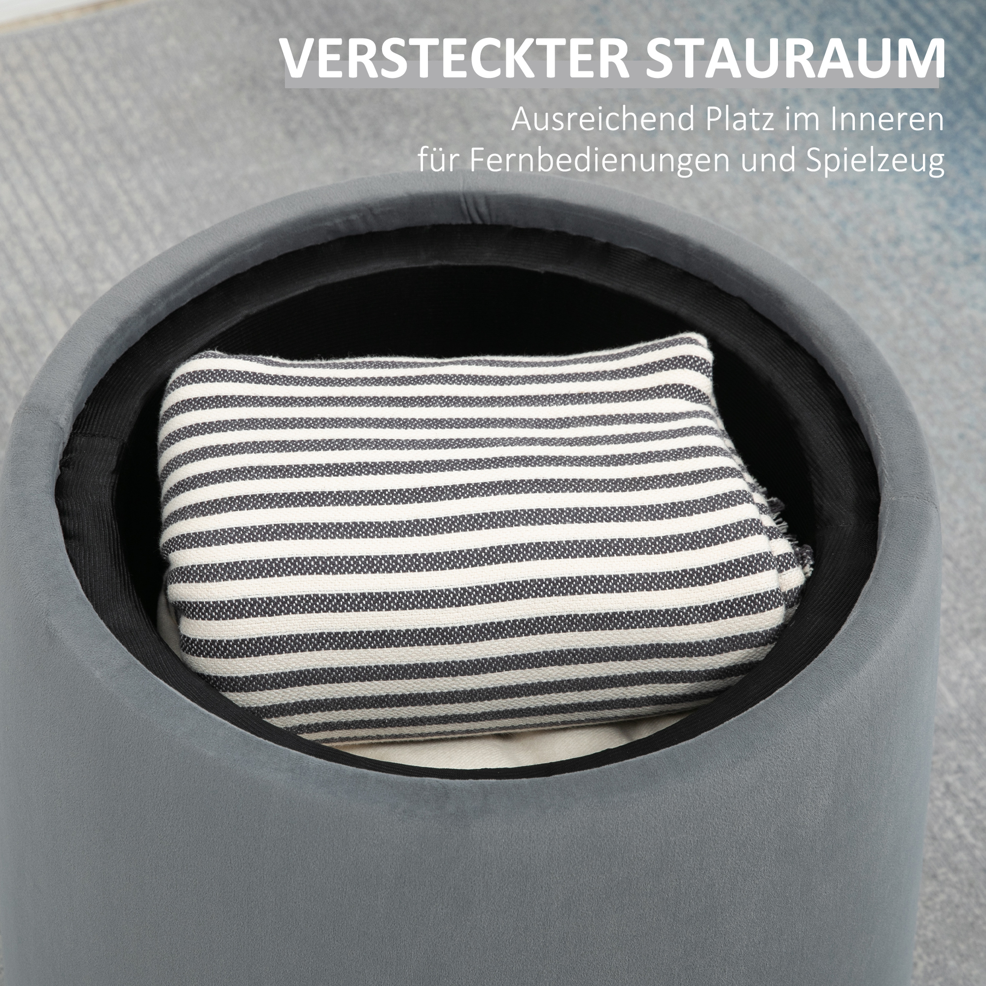 2-in-1 Hocker in Samtoptik inklusive Stauraum und abnehmbaren Deckel Ø44 cm x 47,5 cm Grau