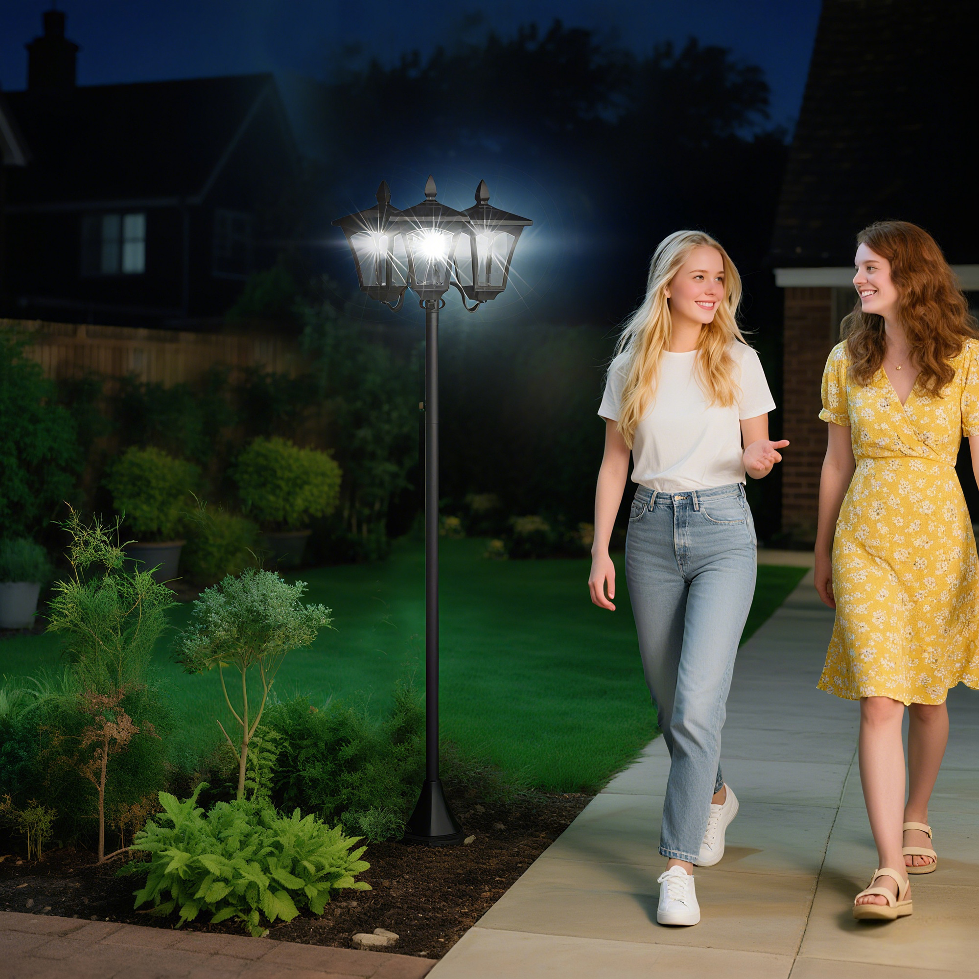 Solar Gartenlaterne mit 3 flammig Laterne Mast aus Edelstahl Solarlaterne mit LED 120 Lumen 51,5x47x182,5cm Wegeleuchte IP44 für Garten Balkon Schwarz