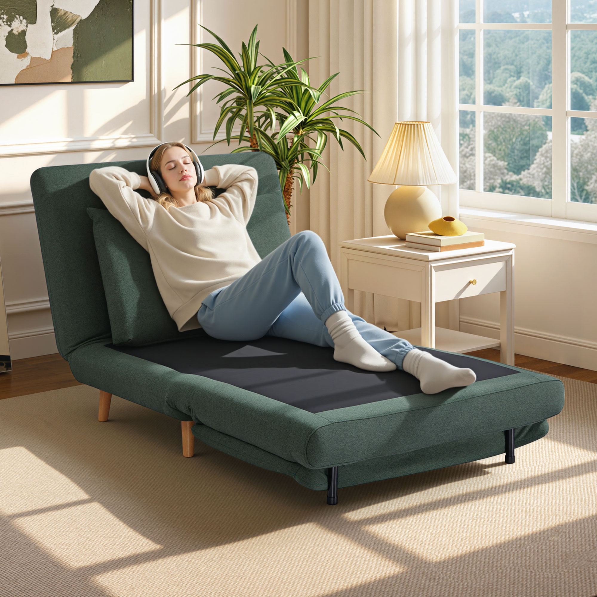 3-in-1 Schlafsessel mit Bett-Funktion, Liegesessel, verstellbare Rückenlehne, Buchenholzbeine, Kissen, Dunkelgrün