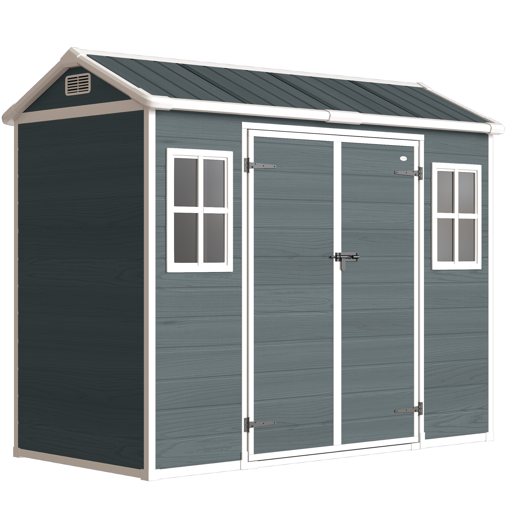 Gerätehaus 2,77 m², Geräteschuppen mit Holzoptik 2 Fenster Doppeltür Belüftung Boden Schloss Handschuhe