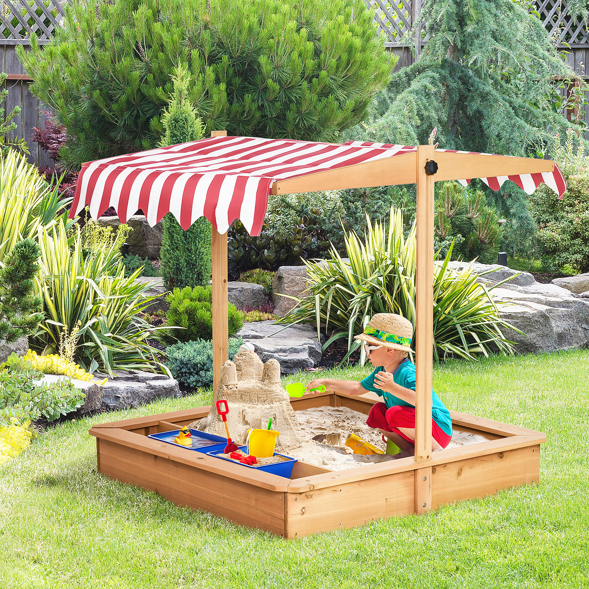 Sandkasten 107,5 x 107,5 cm Kinder Sandbox mit höhenverstellbar Abdeckung, Sandkiste aus Holz für Kinder 3-7 Jahre für Outdoor Garten Terrasse Balkon