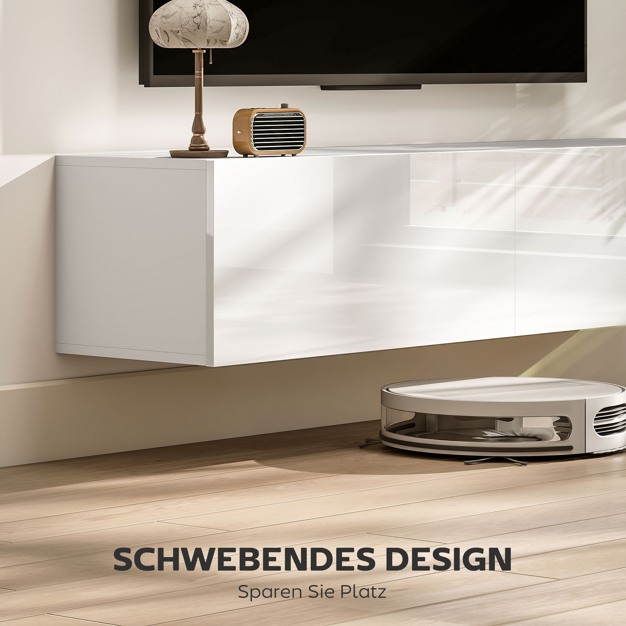 Wandmontierter TV-Schrank, schwebende TV-Kommode mit viel Ablagefläche und Stauraum, Spanplatte, Weiß