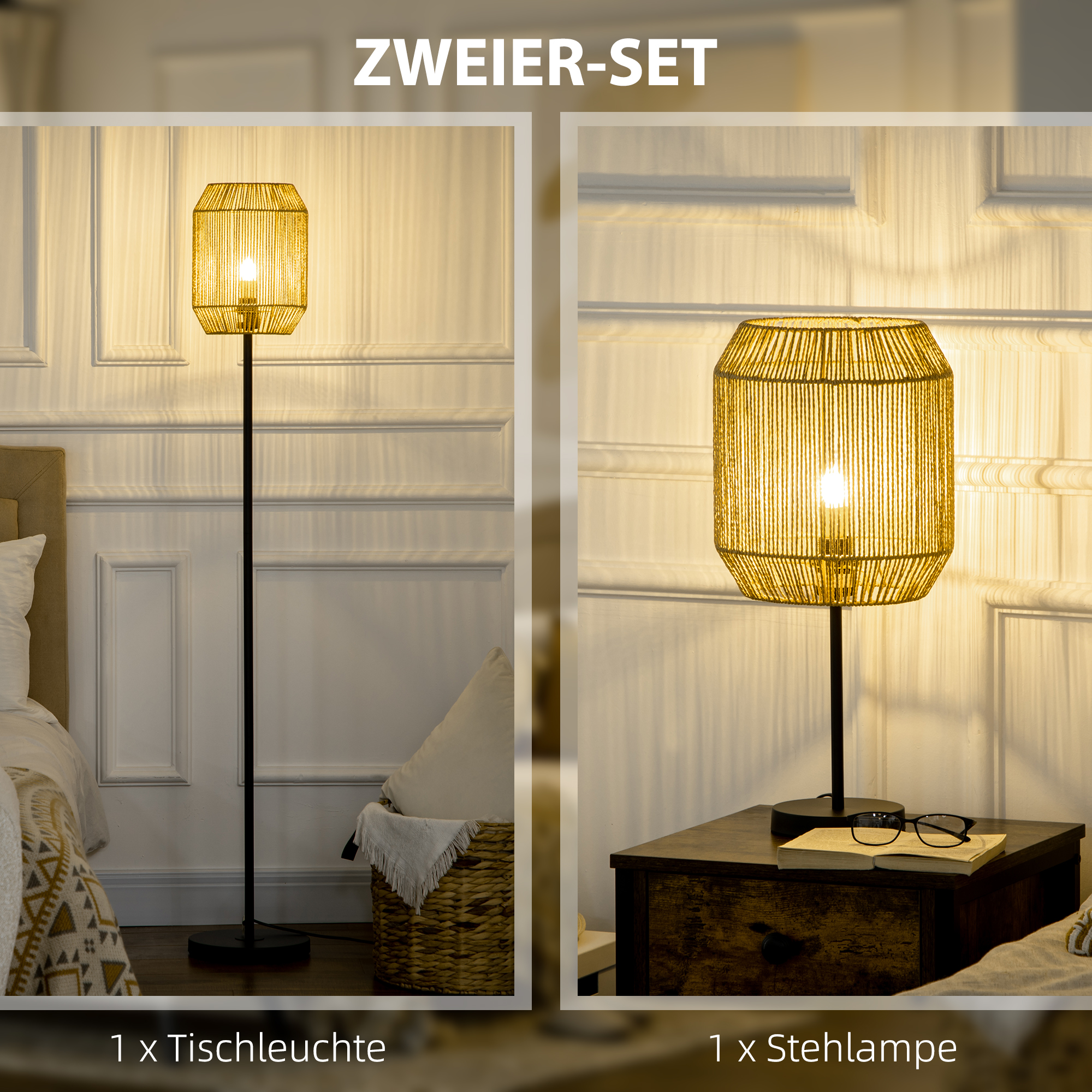 2-teiliges Leuchten-Set, 1 Stehleuchte, 1 Tischleuchte, 38 cm x 38 cm x 158 cm, Natur + Schwarz
