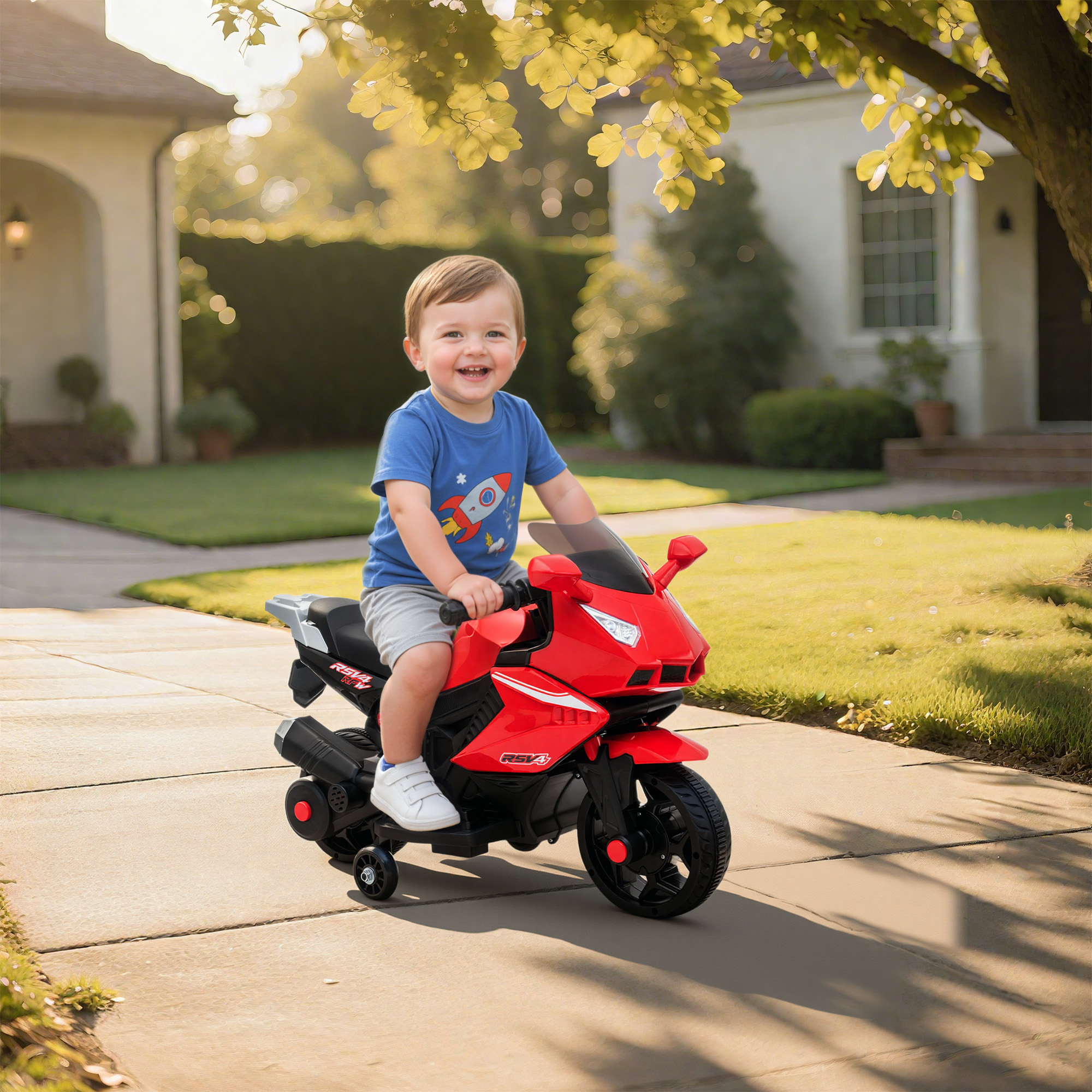 Elektro-Motorrad für Kinder, Hupe, Scheinwerfer, Musikfunktion, 2,5 km/h, Rot