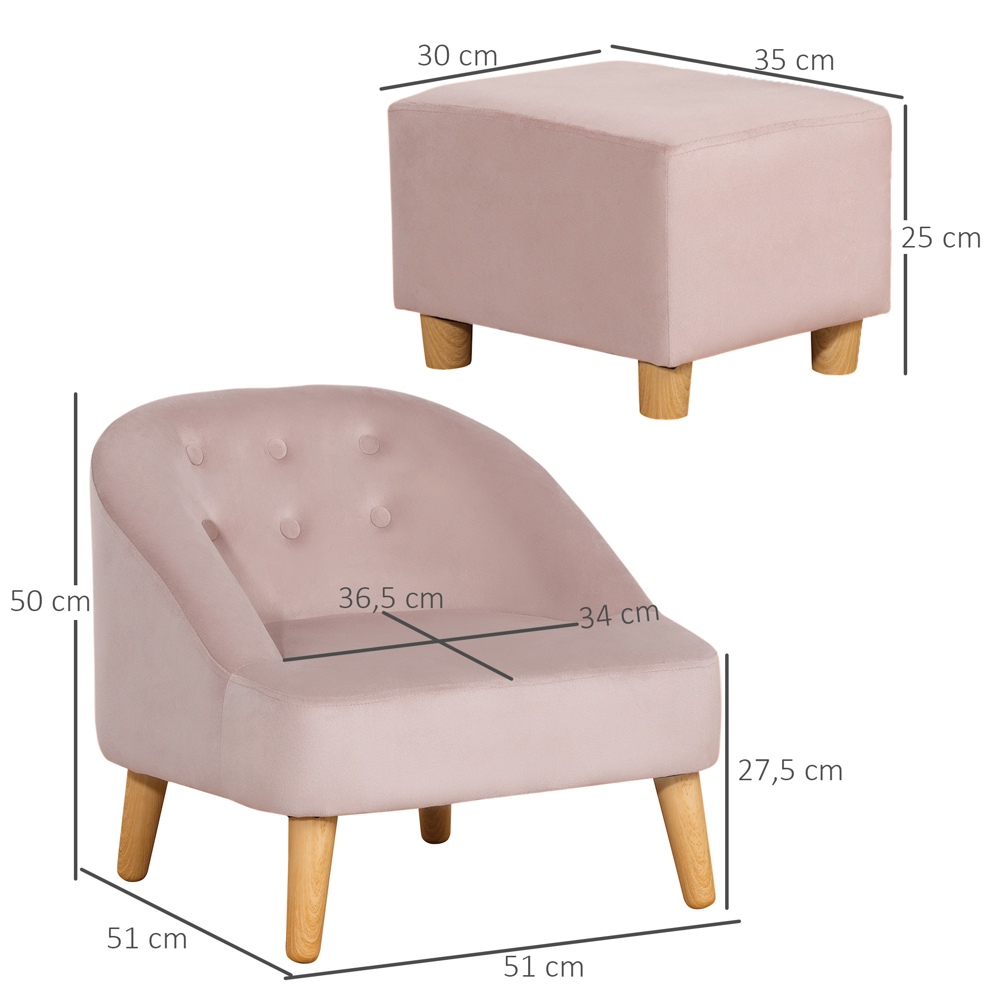 Kindersessel mit Ottomane für Kinder von 3 bis 5 Jahren Niedliches Design Samtoptik 51 cm x 51 cm x 50 cm Rosa