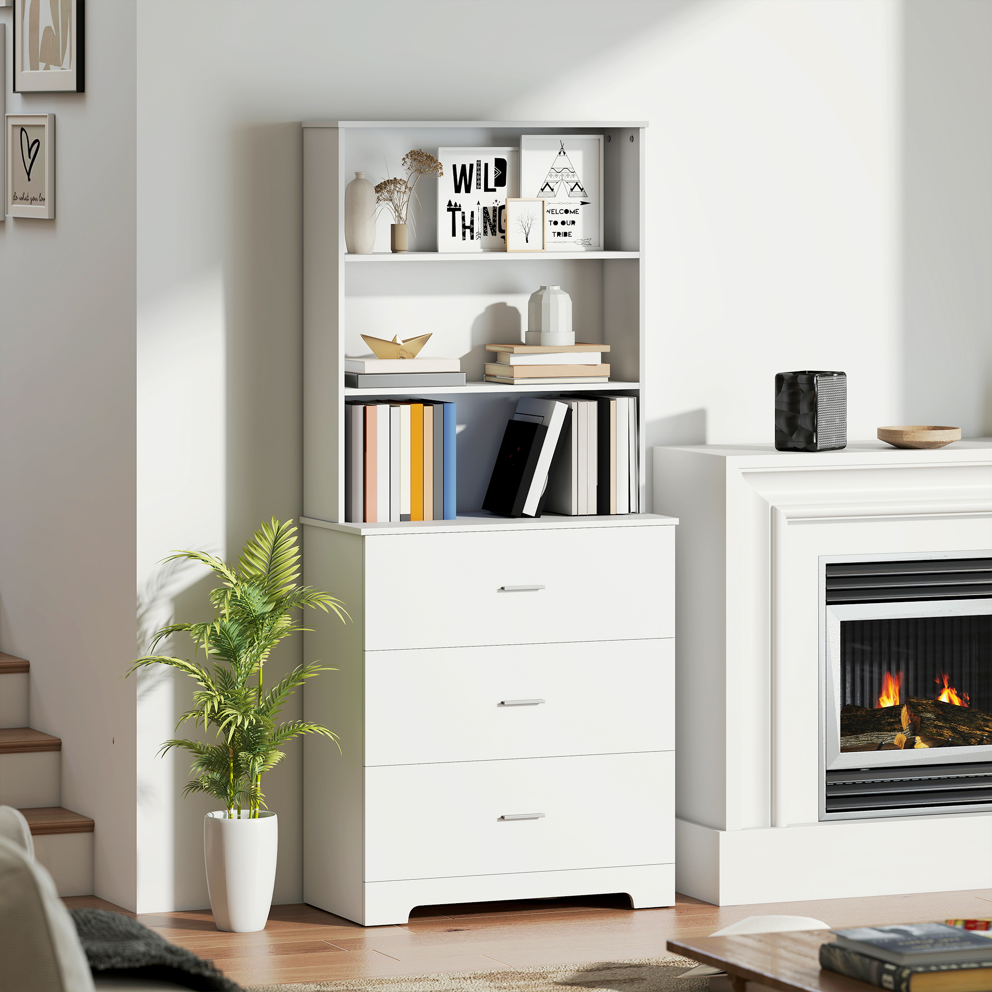 Bücherschrank Hochschrank Vitrinenschrank mit 3 Schubladen, 3 offen Regalen, für Wohnzimmer Küche, 79x39,5x180 cm, Weiß