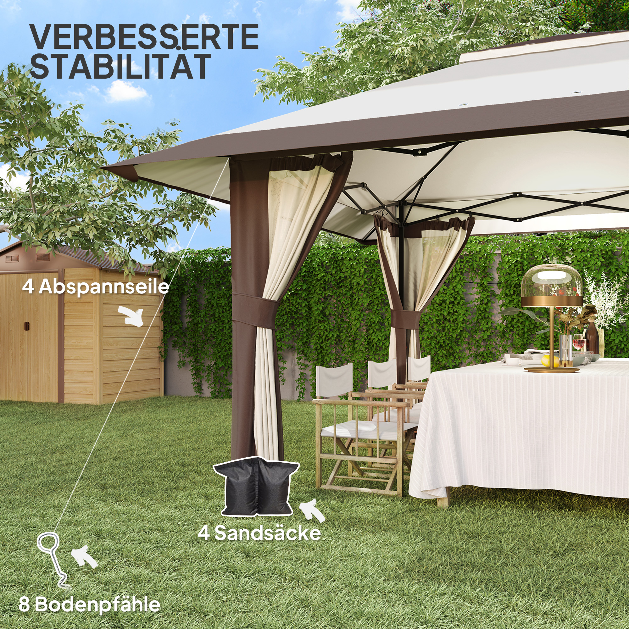 4 x 4 m Garten-Pavillon, Gartenzelt mit Netzwänden, UPF50+ Schutz, Höhenverstellbares Partyzelt, Beige