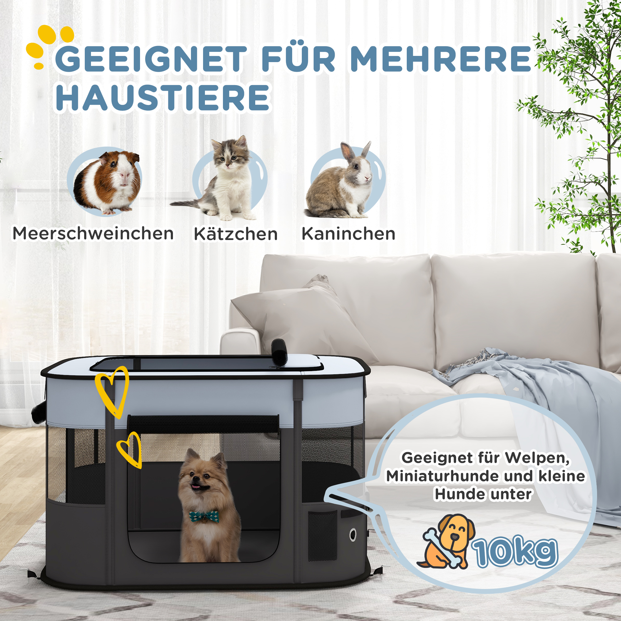 Spielgehege für Haustiere, faltbar, mit Aufbewahrungstasche, für Welpen und Kätzchen, drinnen und draußen, Grau