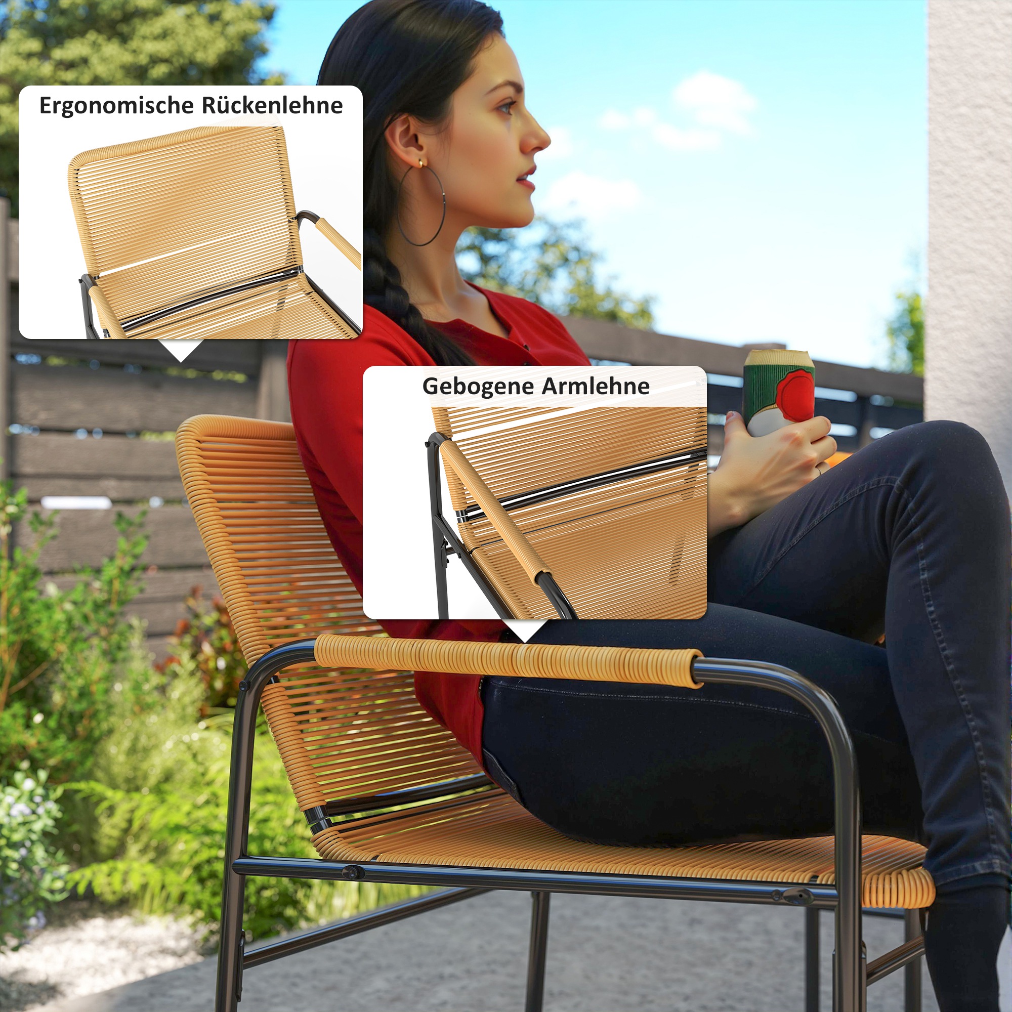 3-tlg. Rattan Bistroset, Sitzgruppe, Gartengarnitur mit 2 Gartensesseln, Couchtisch 54 x 66 x 76 cm Gelb