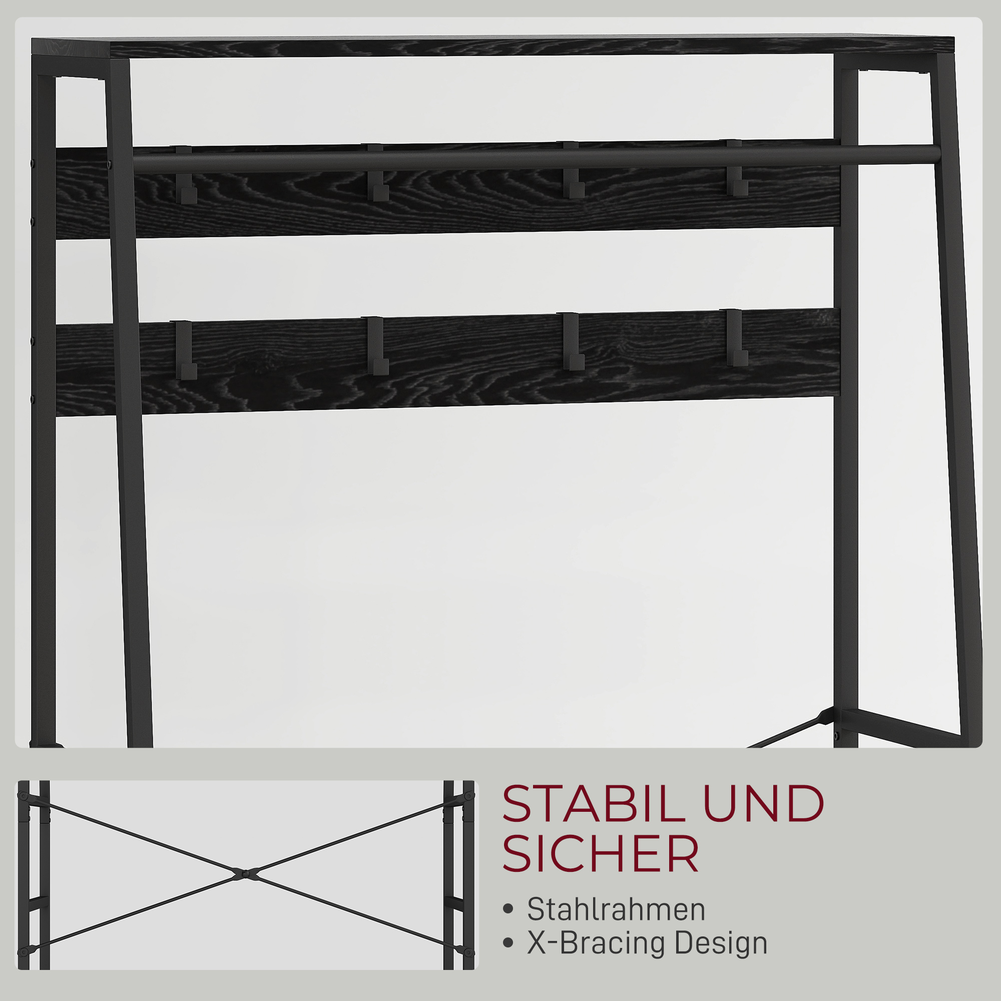 Garderobenständer mit Schuhregal, Kleiderständer im Industrie-Design, 2 Stoffschubladen, 8 Haken, Metallrahmen, Schwarz