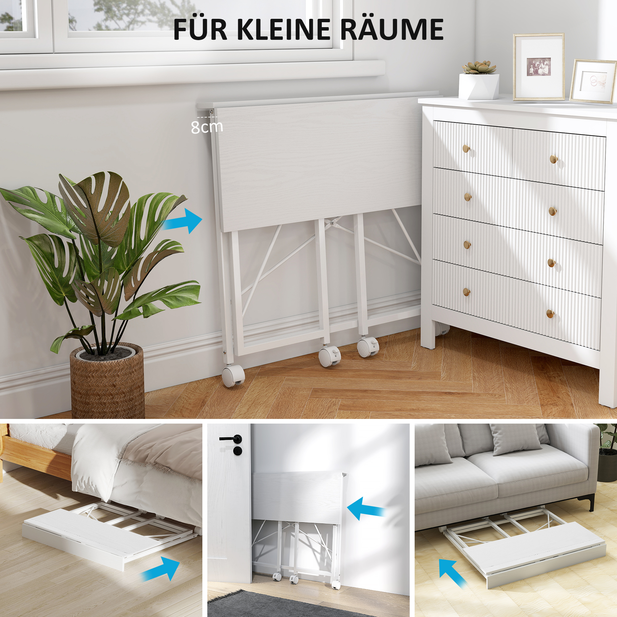 Schreibtisch mit Rollen, faltbarer Bürotisch mit Stahlgestell für Arbeitszimmer Schlafzimmer 80 x 40 x 75 cm Weiß