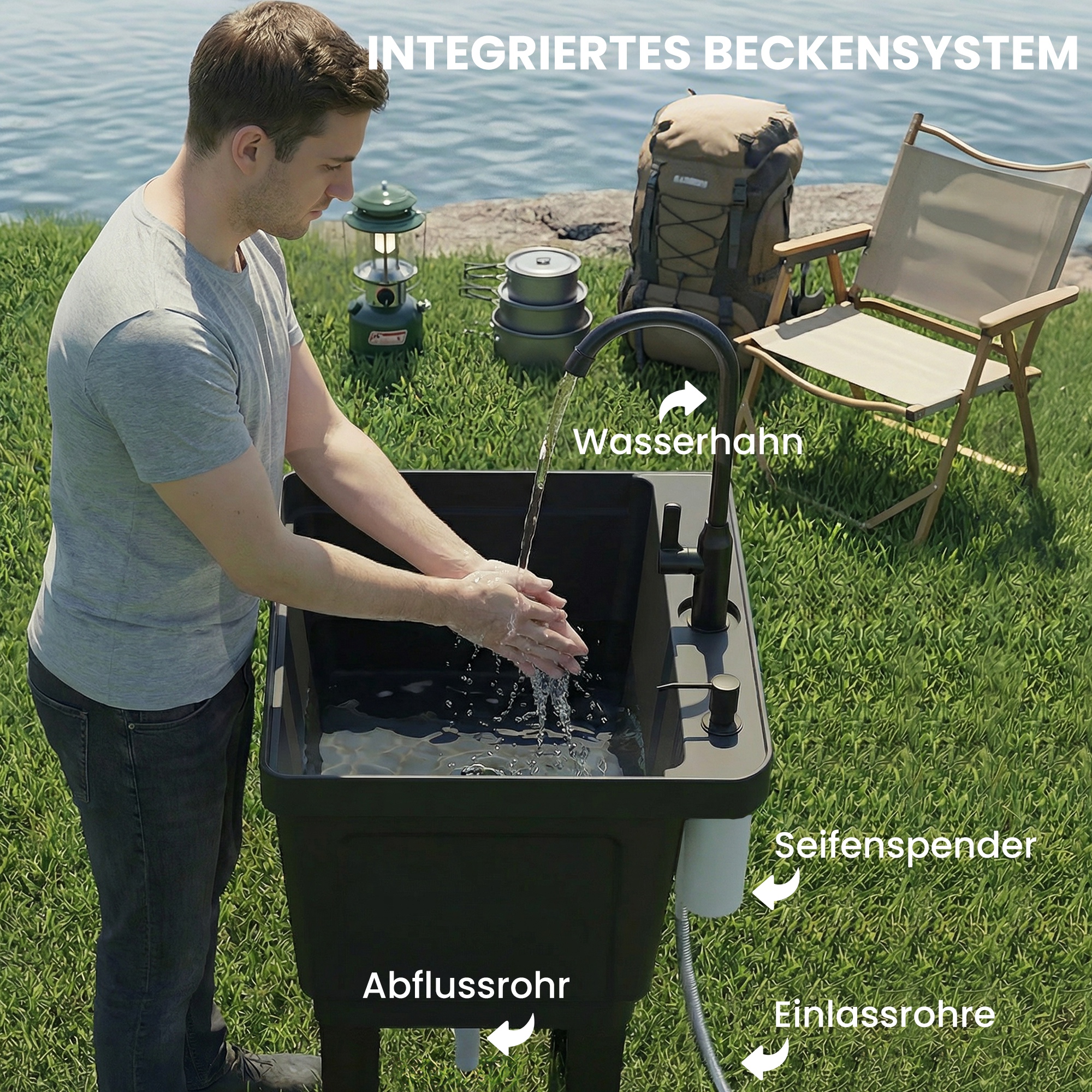 tragbares Camping-Waschbecken mit Seifenspender, Wasserhahn, Einlass- und Ablaufschläuchen, Schwarz