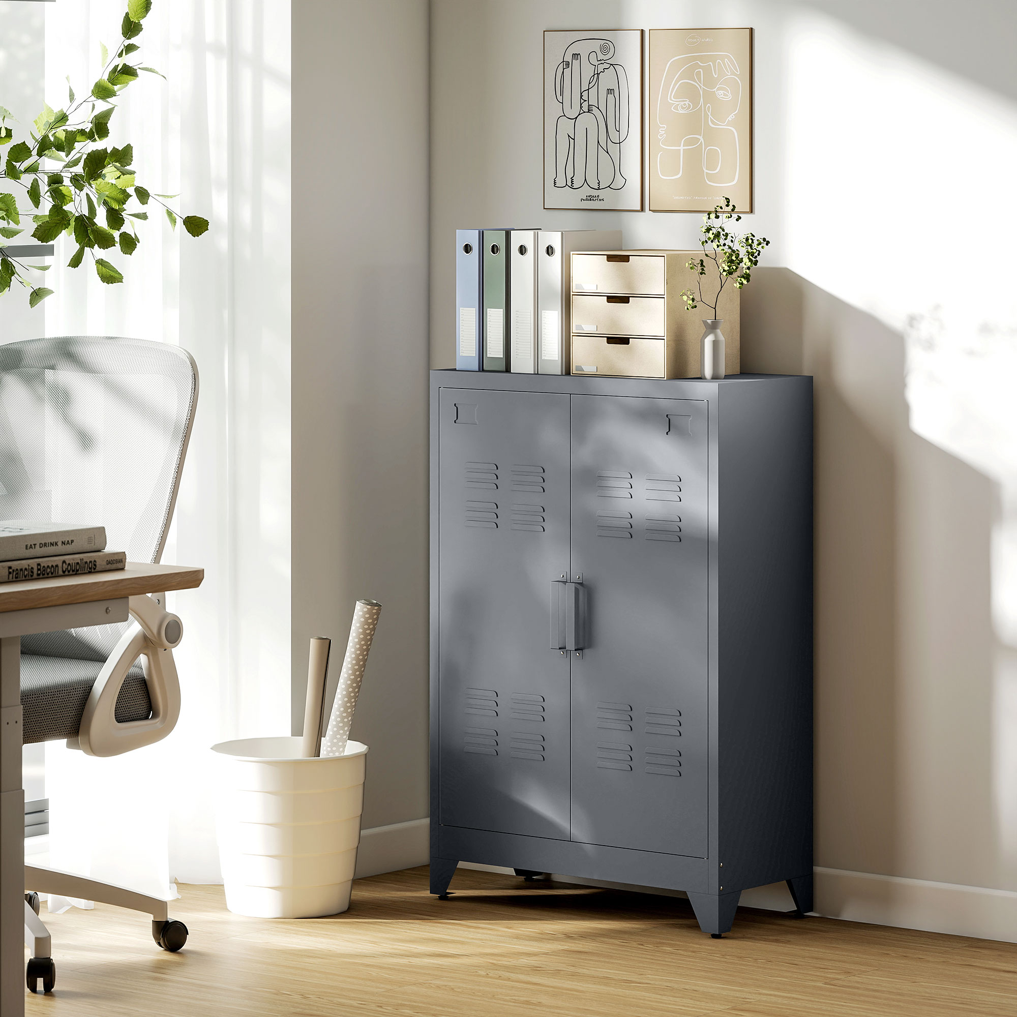 Aktenschrank mit Lamellentüren, Lagerschrank, Metallschrank mit 2 verstellbaren Einlegeböden, 75 x 33 x 110 cm, Grau