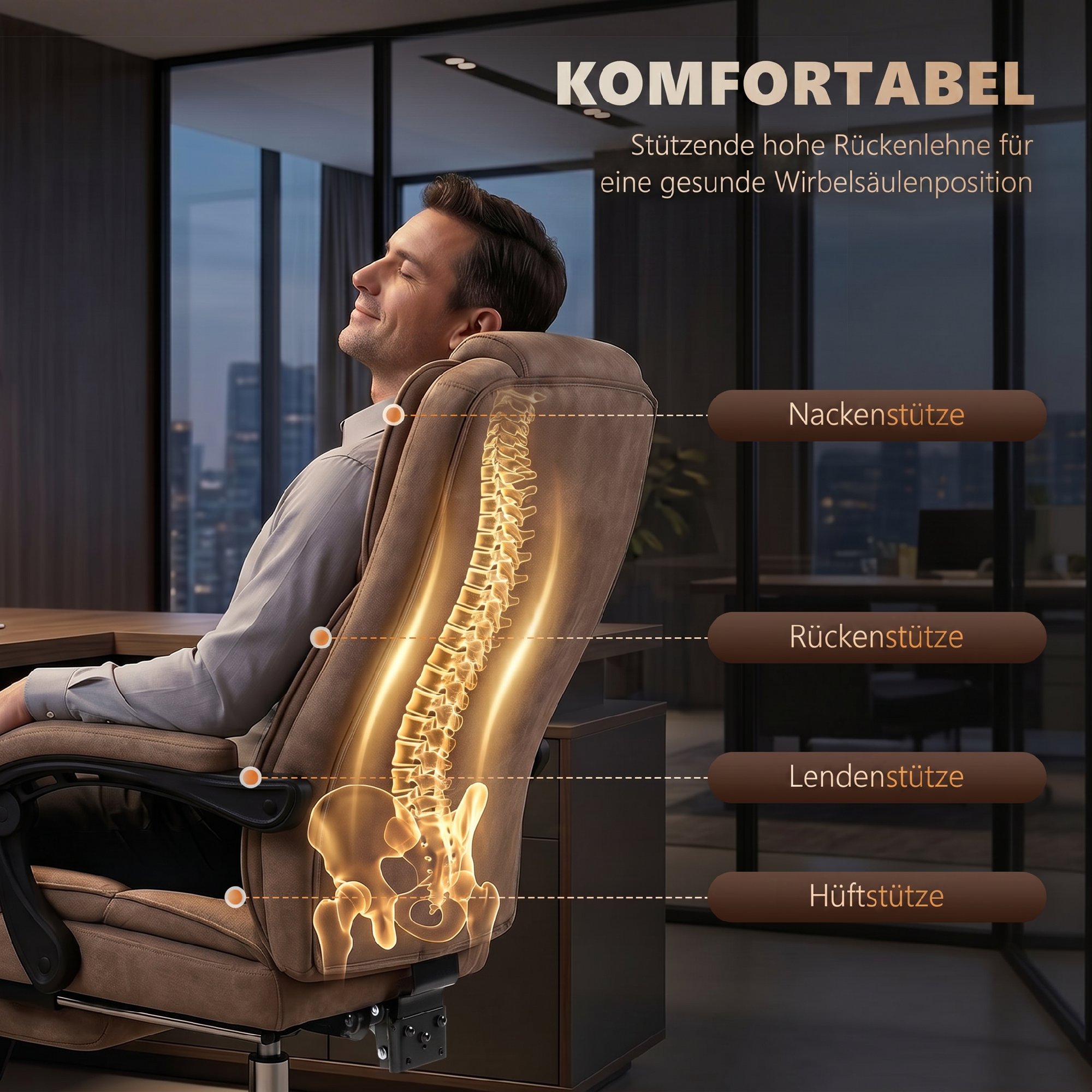Ergonomischer Bürostuhl mit Massagefunktion, Fußstütze, drehbar, rollbar, Braun